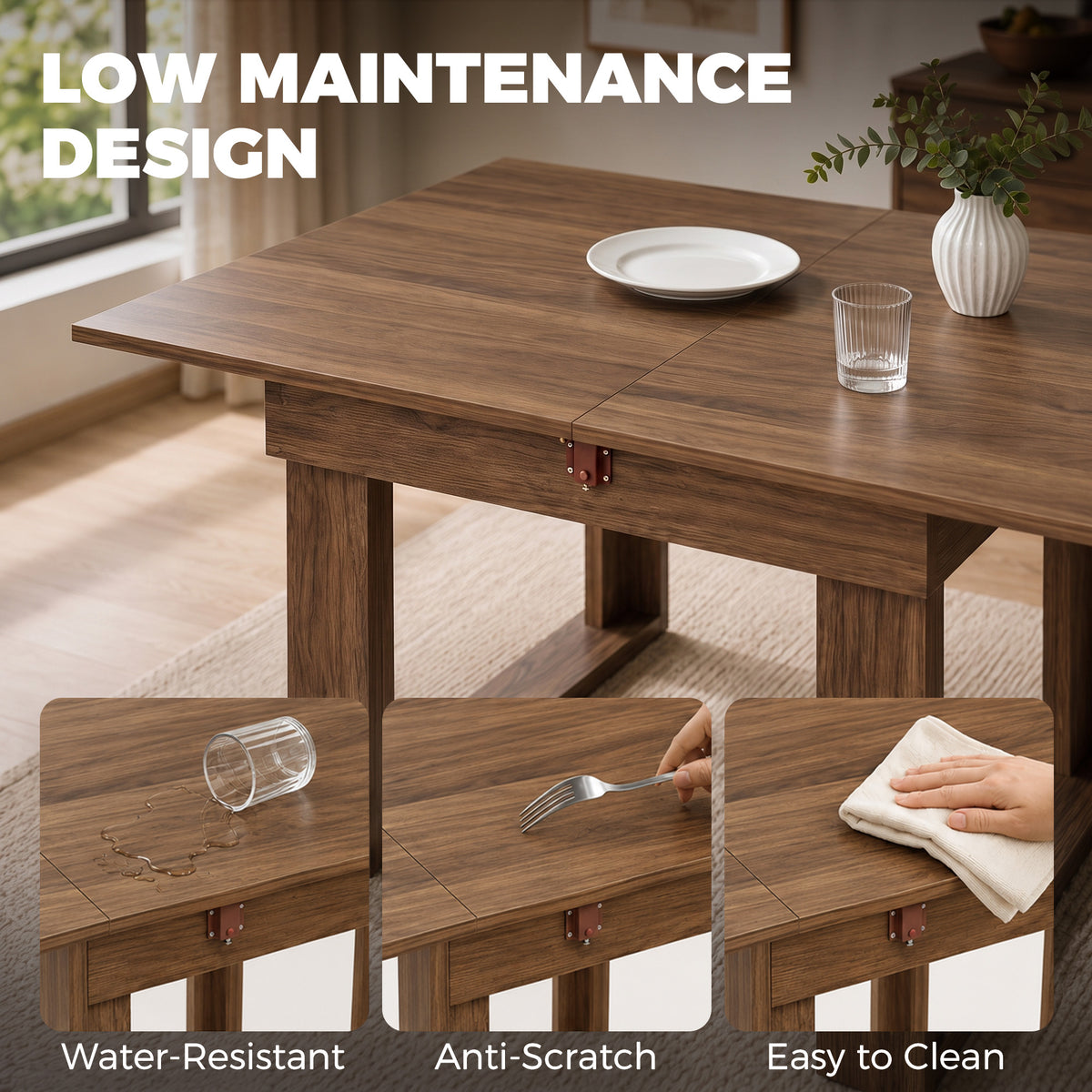 Folding Dining Table for 4 with Under-Table Storage, 70-140 cm Modern Extendable Kitchen Table with Steel Rail, Space-Saving for Kitchen, Dining Room, Grey Wood Effect
