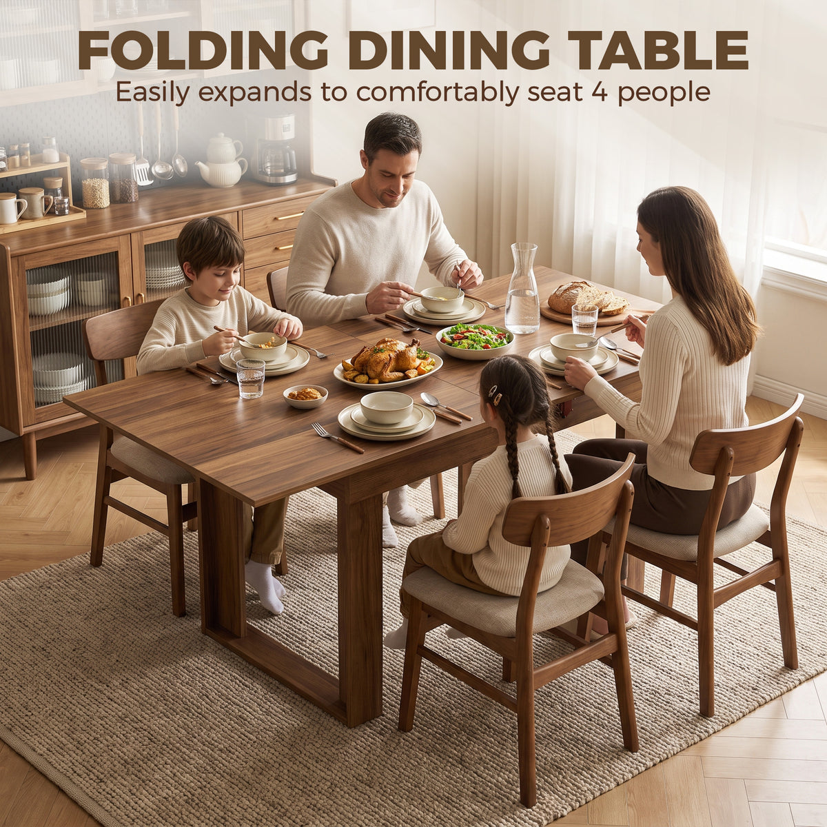 Folding Dining Table for 4 with Under-Table Storage, 70-140 cm Modern Extendable Kitchen Table with Steel Rail, Space-Saving for Kitchen, Dining Room, Grey Wood Effect