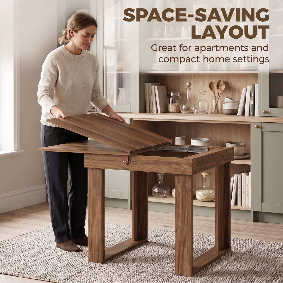 Folding Dining Table for 4 with Under-Table Storage, 70-140 cm Modern Extendable Kitchen Table with Steel Rail, Space-Saving for Kitchen, Dining Room, Grey Wood Effect