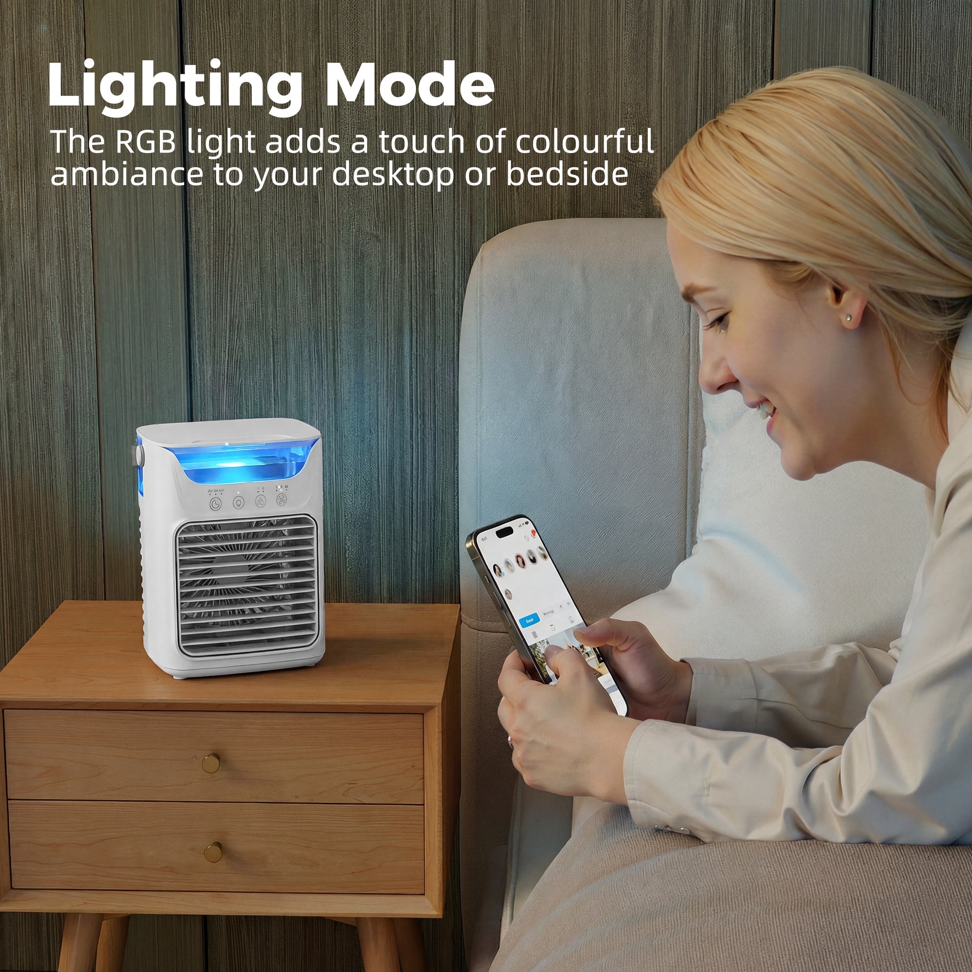 21 cm Desk Fan with Adjustable Head, 3-Speed Table Fan with 700 ml Water Tank, Small Fan with RGB Light for Bedroom, Home Office, White