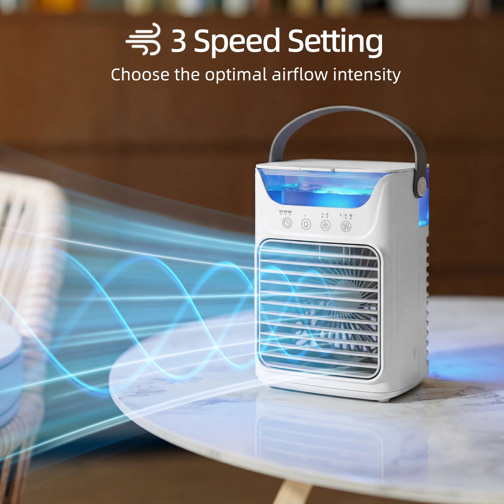 21 cm Desk Fan with Adjustable Head, 3-Speed Table Fan with 700 ml Water Tank, Small Fan with RGB Light for Bedroom, Home Office, White