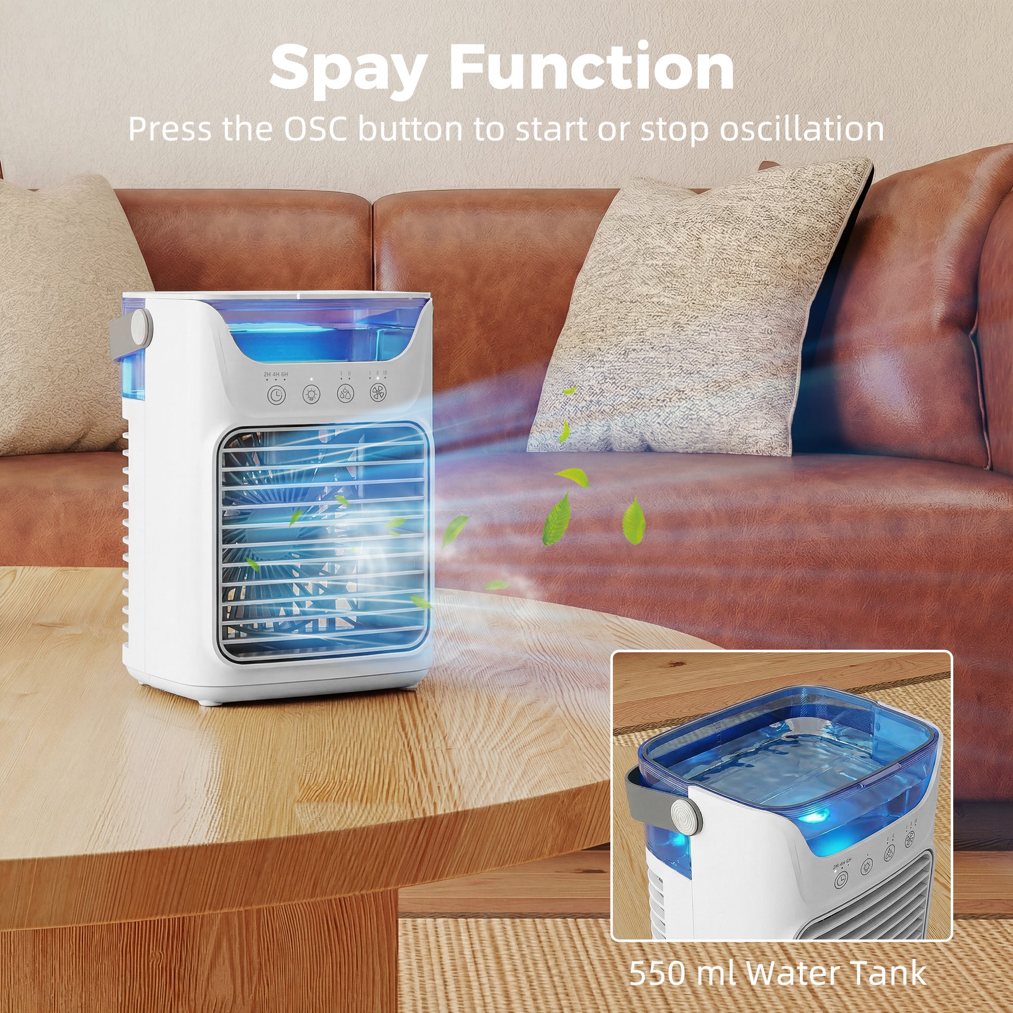 21 cm Desk Fan with Adjustable Head, 3-Speed Table Fan with 700 ml Water Tank, Small Fan with RGB Light for Bedroom, Home Office, White