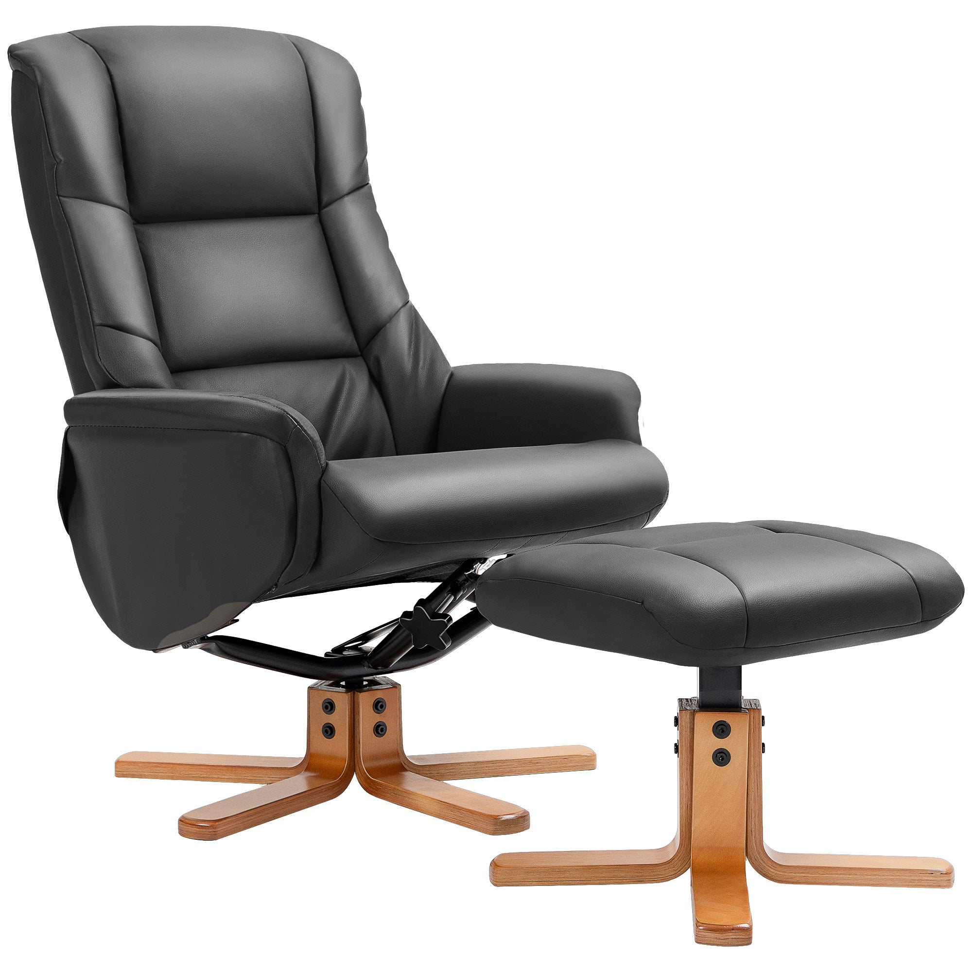 Rocking Recliner Chair with Footstool, PU Leather Recliner Armchair with Wood Base, Upholstered Reclining Chair for Living Room Bedroom, Black