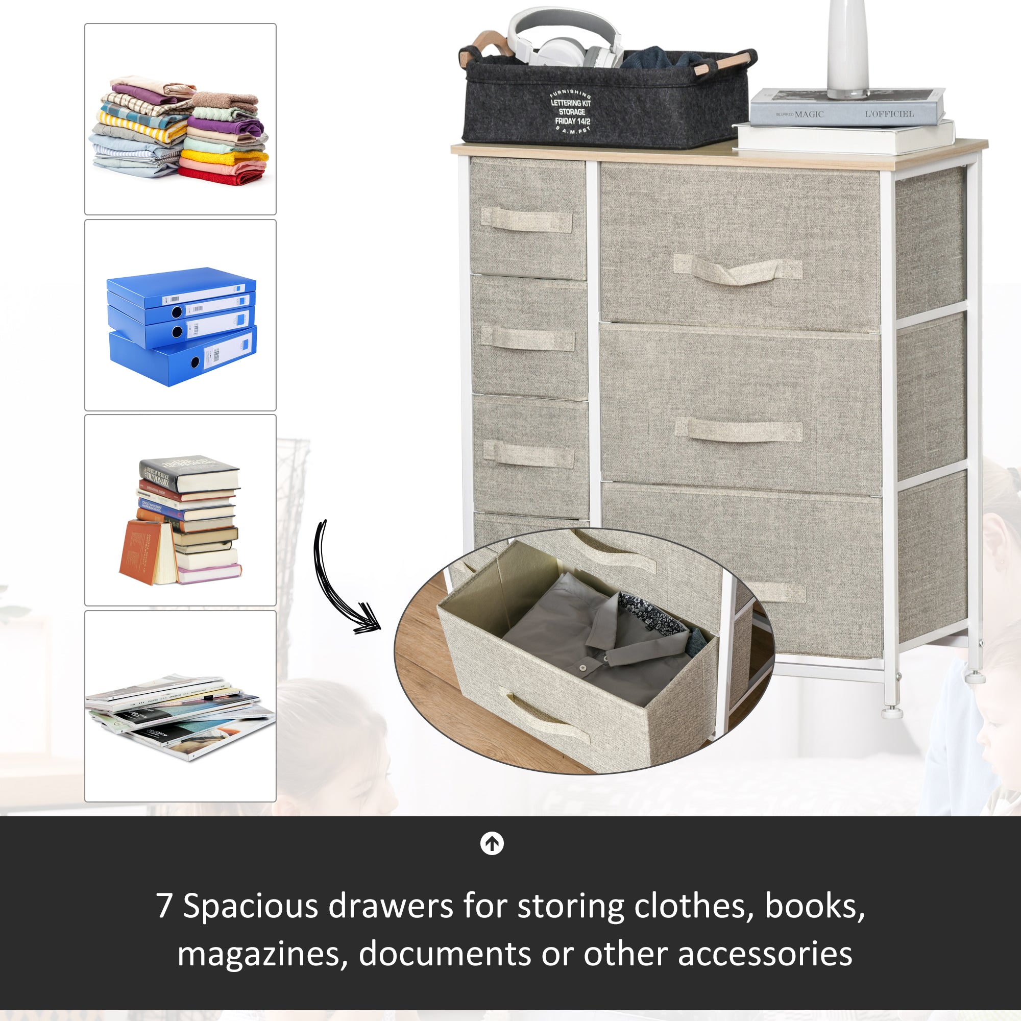 7-Drawer Dresser Storage Tower Cabinet Organizer Unit, Easy Pull Fabric Bins with Metal Frame for Bedroom, Closets, Light Gray