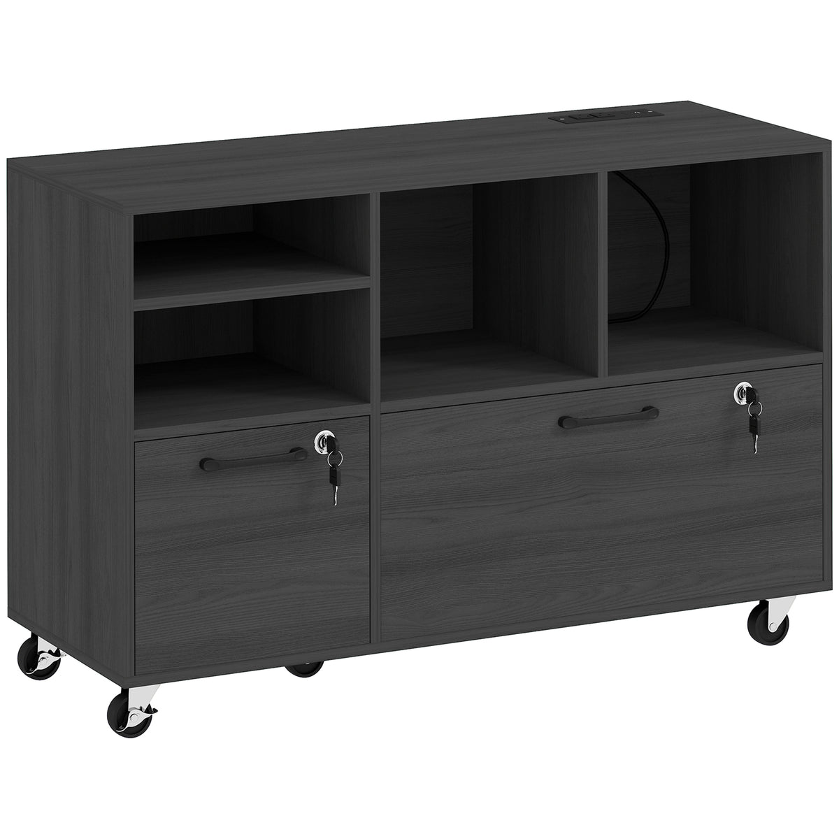 File Cabinet, 2 Drawer Mobile Lateral Filing Cabinet with Lock, Charging Station, Printer Stand with Shelves, Hanging Bars, Fits A4/Letter/Legal Size for Home Office, Black