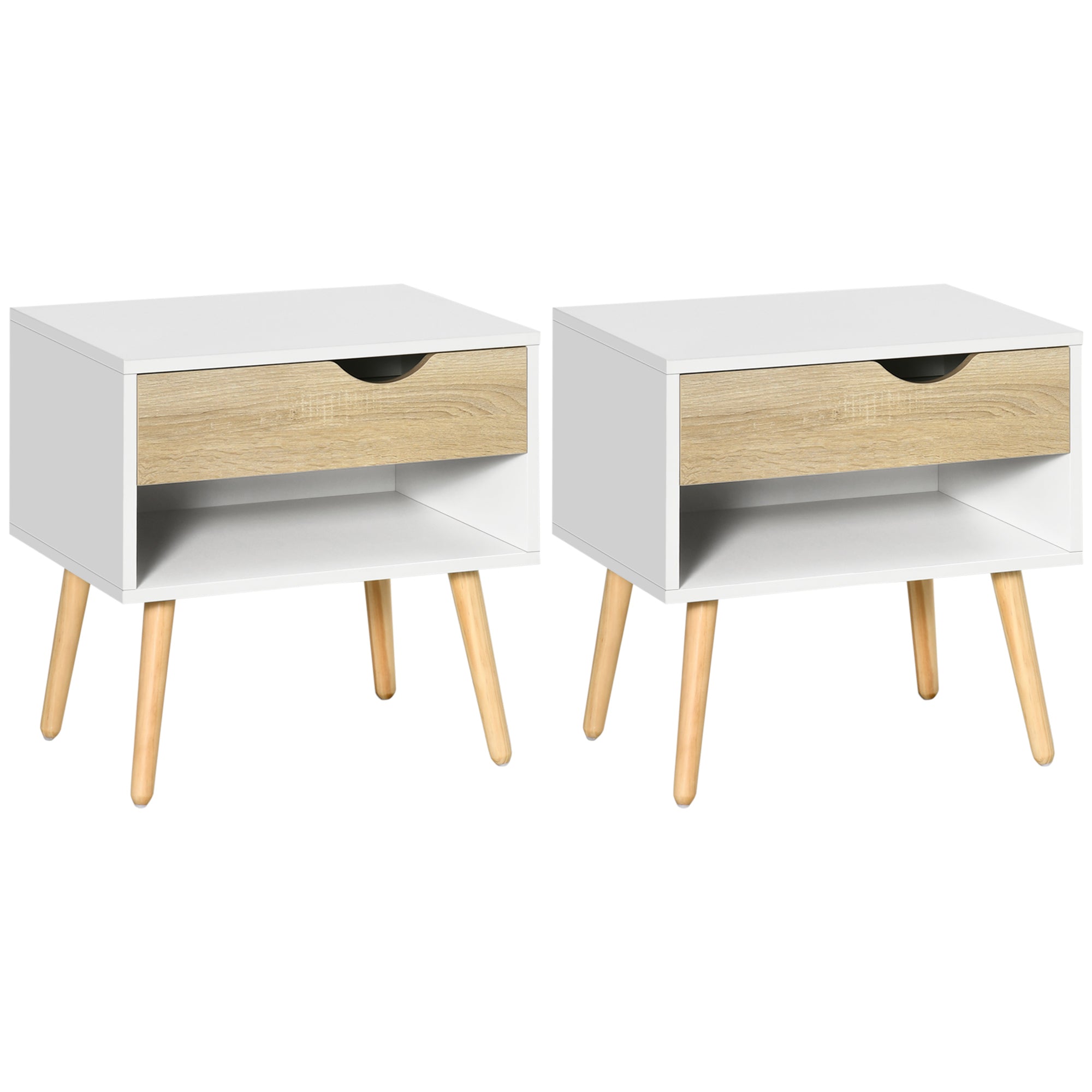 HOMCOM Set of 2 Bedside Table with Drawer and Shelf, Modern Nightstand, End Table for Bedroom, Living Room, White