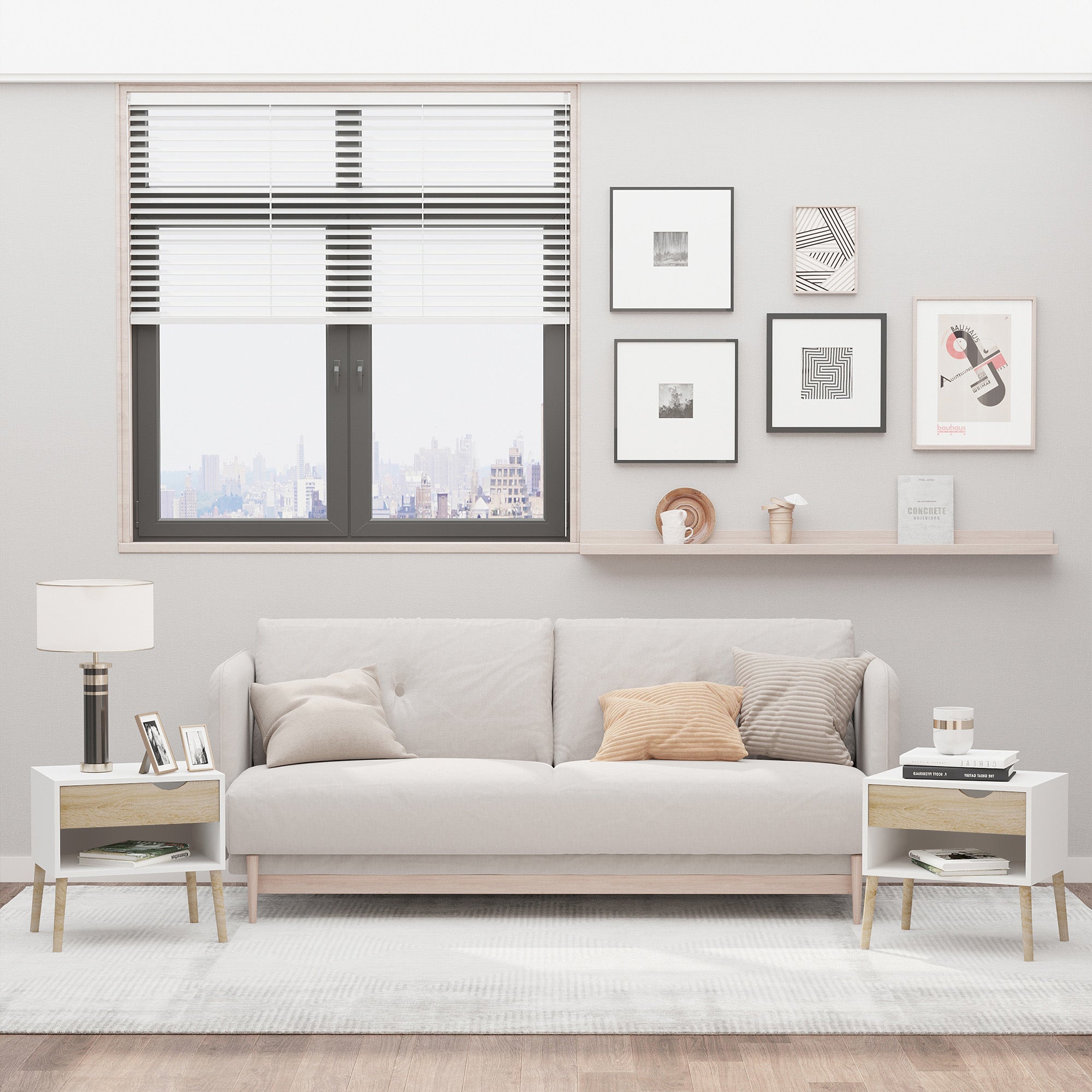 HOMCOM Set of 2 Bedside Table with Drawer and Shelf, Modern Nightstand, End Table for Bedroom, Living Room, White