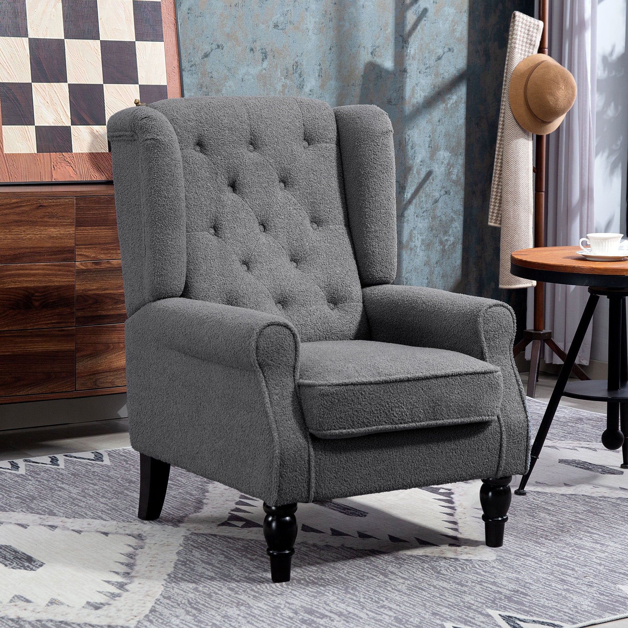 Retro Accent Chair, Teddy Fleece Wingback Armchair with Wood Frame Button Tufted Design for Living Room Bedroom, Charcoal Grey