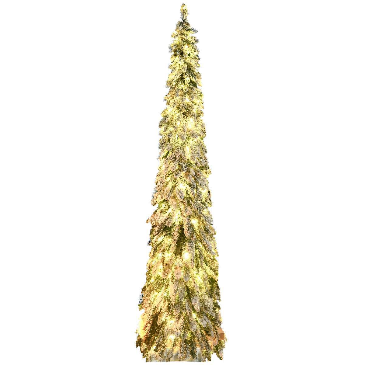 7ft Tall Prelit Pencil Artificial Christmas Tree Holiday Décor with 534 Snow Flocked Branches, 350 Warm White or Colorful LED Lights, Downswept Shape