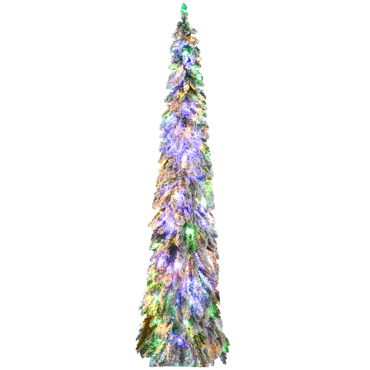 7ft Tall Prelit Pencil Artificial Christmas Tree Holiday Décor with 534 Snow Flocked Branches, 350 Warm White or Colorful LED Lights, Downswept Shape