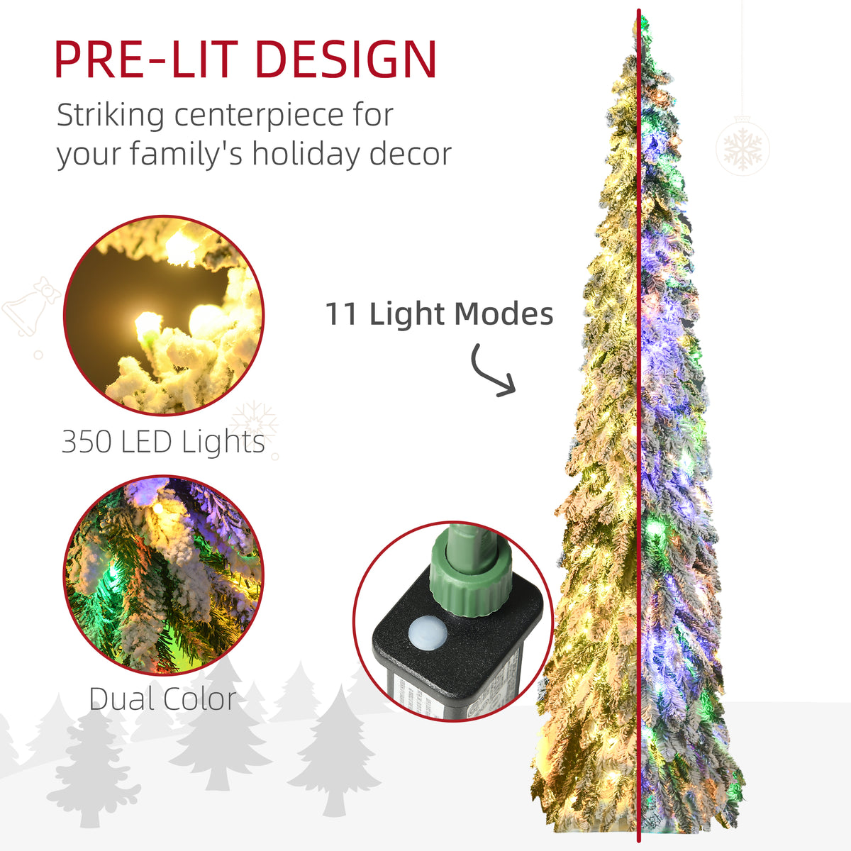 7ft Tall Prelit Pencil Artificial Christmas Tree Holiday Décor with 534 Snow Flocked Branches, 350 Warm White or Colorful LED Lights, Downswept Shape