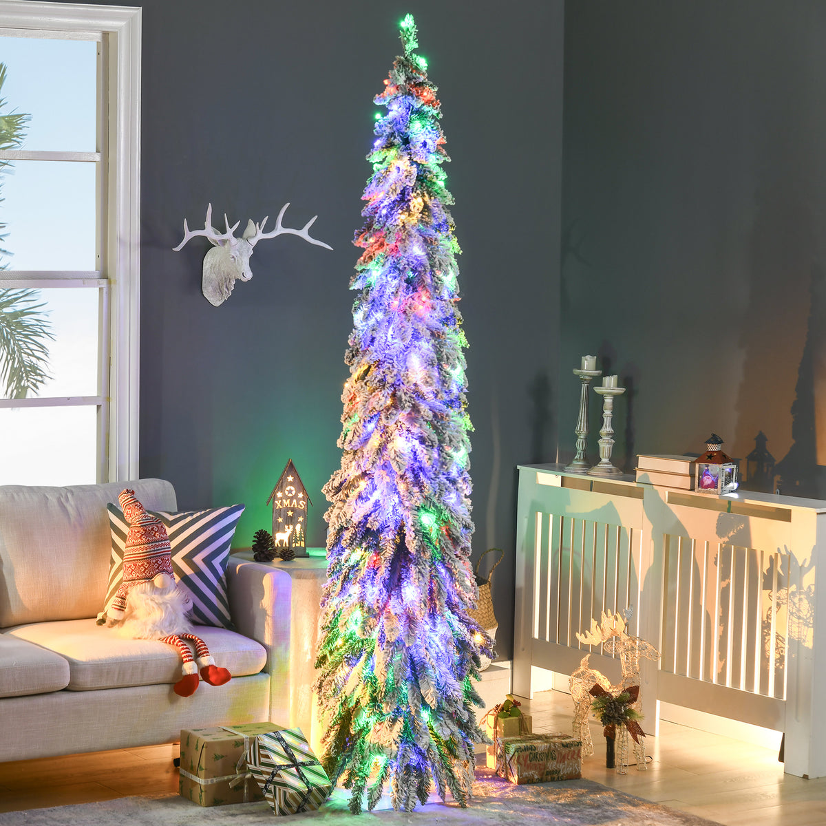7ft Tall Prelit Pencil Artificial Christmas Tree Holiday Décor with 534 Snow Flocked Branches, 350 Warm White or Colorful LED Lights, Downswept Shape