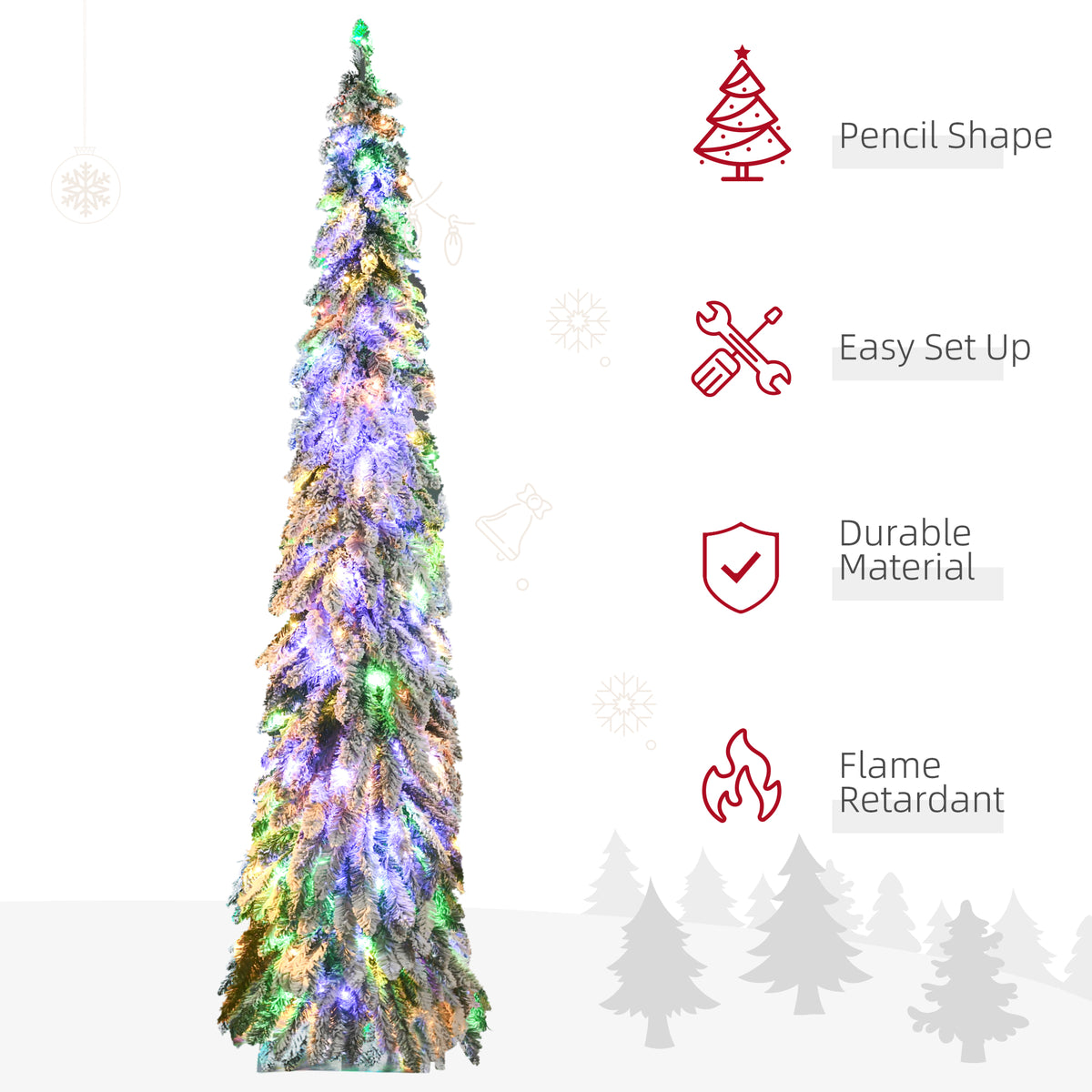 7ft Tall Prelit Pencil Artificial Christmas Tree Holiday Décor with 534 Snow Flocked Branches, 350 Warm White or Colorful LED Lights, Downswept Shape