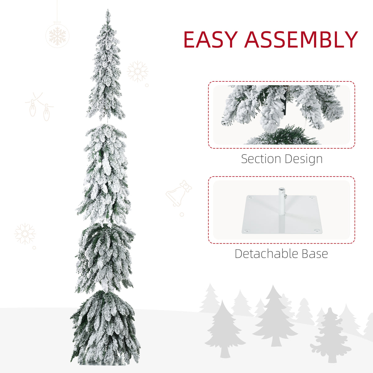 7ft Tall Prelit Pencil Artificial Christmas Tree Holiday Décor with 534 Snow Flocked Branches, 350 Warm White or Colorful LED Lights, Downswept Shape