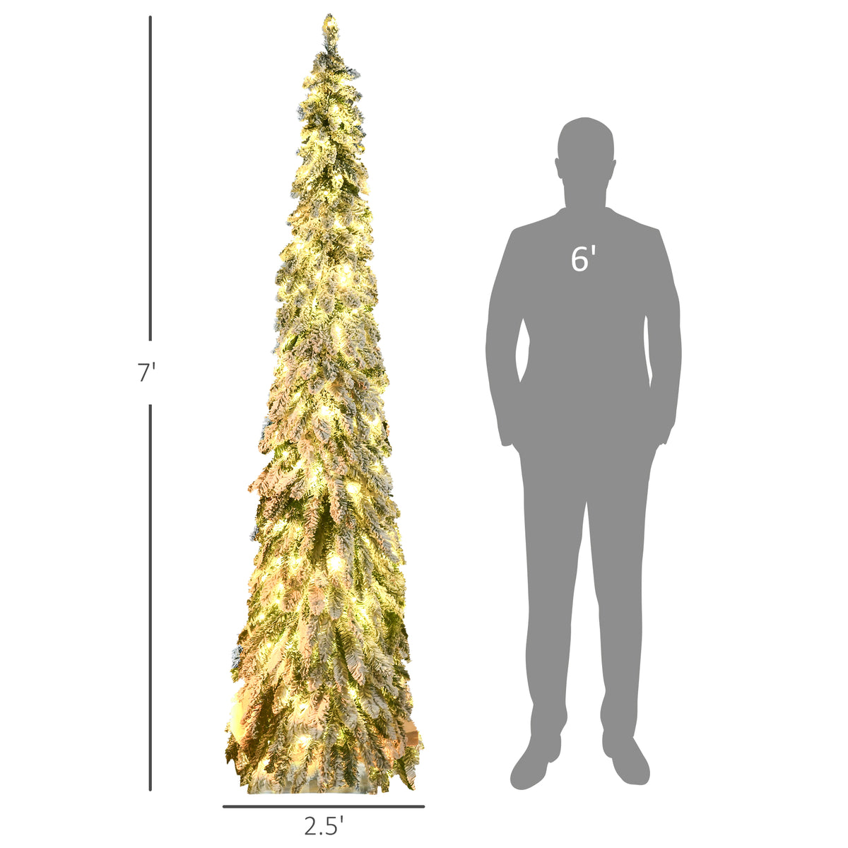 7ft Tall Prelit Pencil Artificial Christmas Tree Holiday Décor with 534 Snow Flocked Branches, 350 Warm White or Colorful LED Lights, Downswept Shape