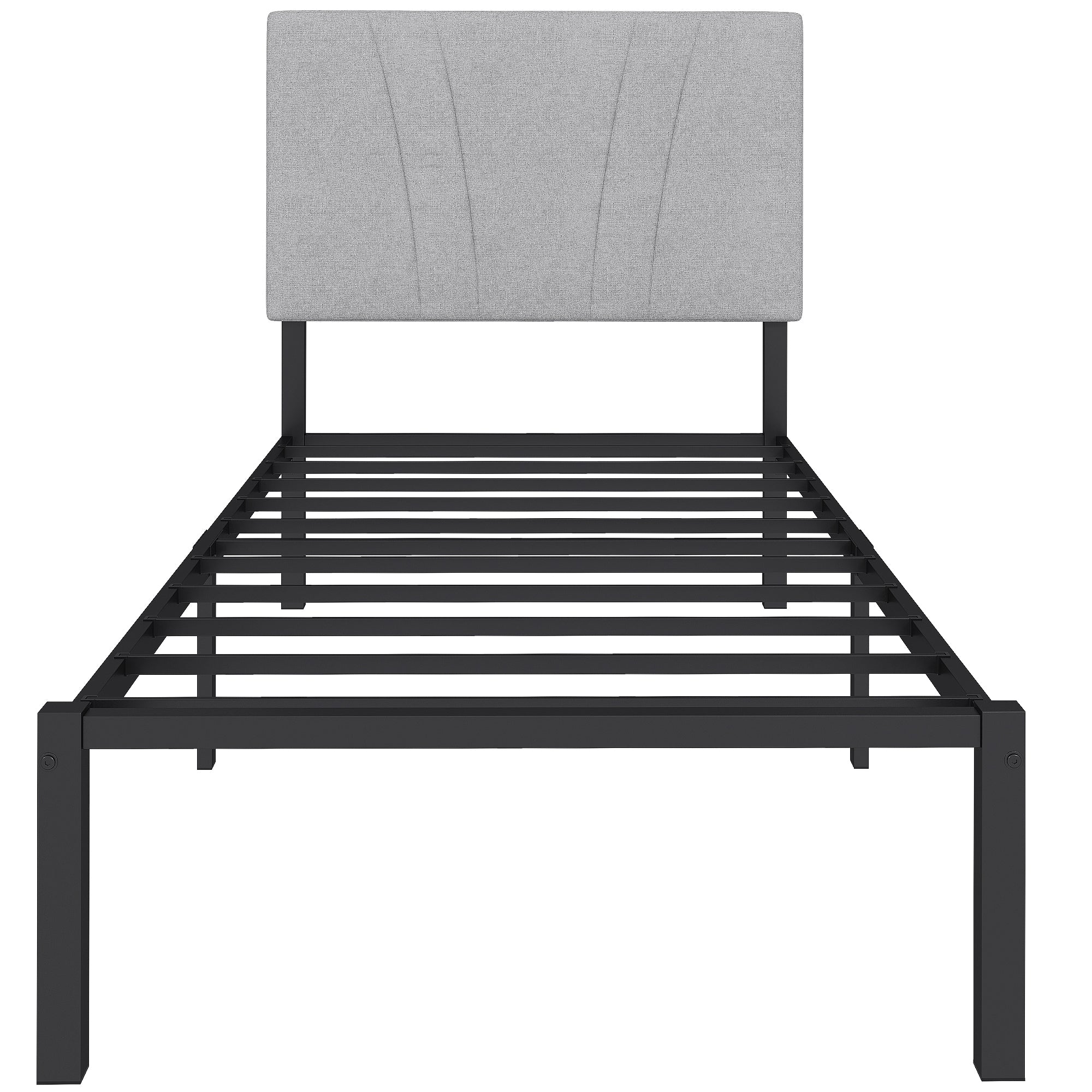 3FT Single Bed Frame with Upholstered and Padded Headboard, Metal Bed Frame with Underbed Storage and Steel Slat Support, No Box Spring Needed, Easy Assembly, Black and Light Grey
