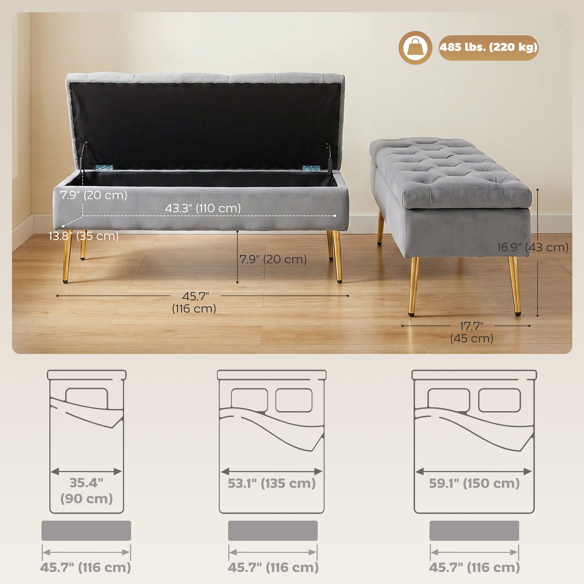 Upholstered Bedroom Bench with Gold Tone Metal Legs, Velvet Button-Tufted Storage Bench, Bench Seat with Thick Padding, Ottoman Bench for Living Room, Hallway, Grey