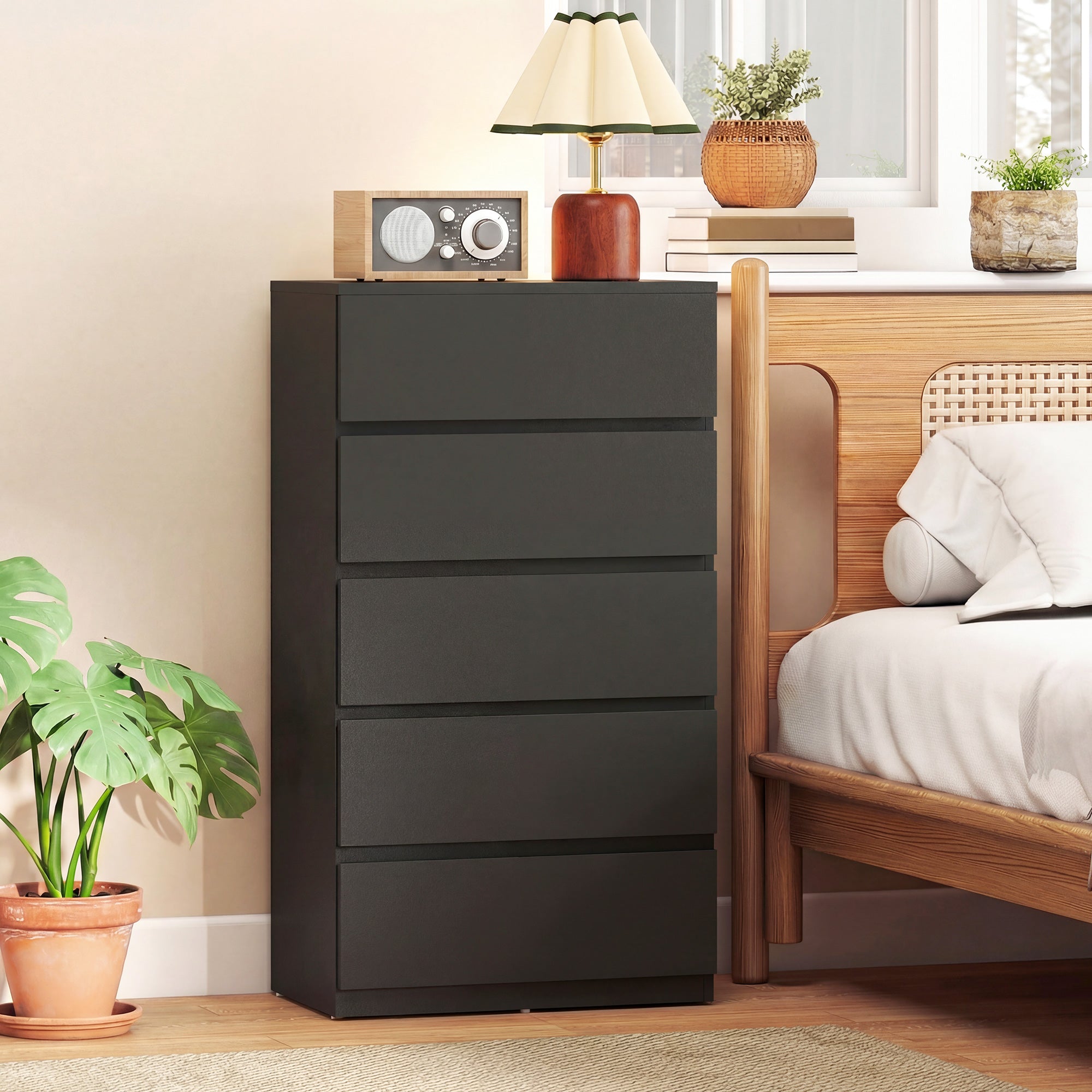 Chest of Drawers, 5 Drawers Storage Cabinet Floor Tower Cupboard for Bedroom Living Room, Black