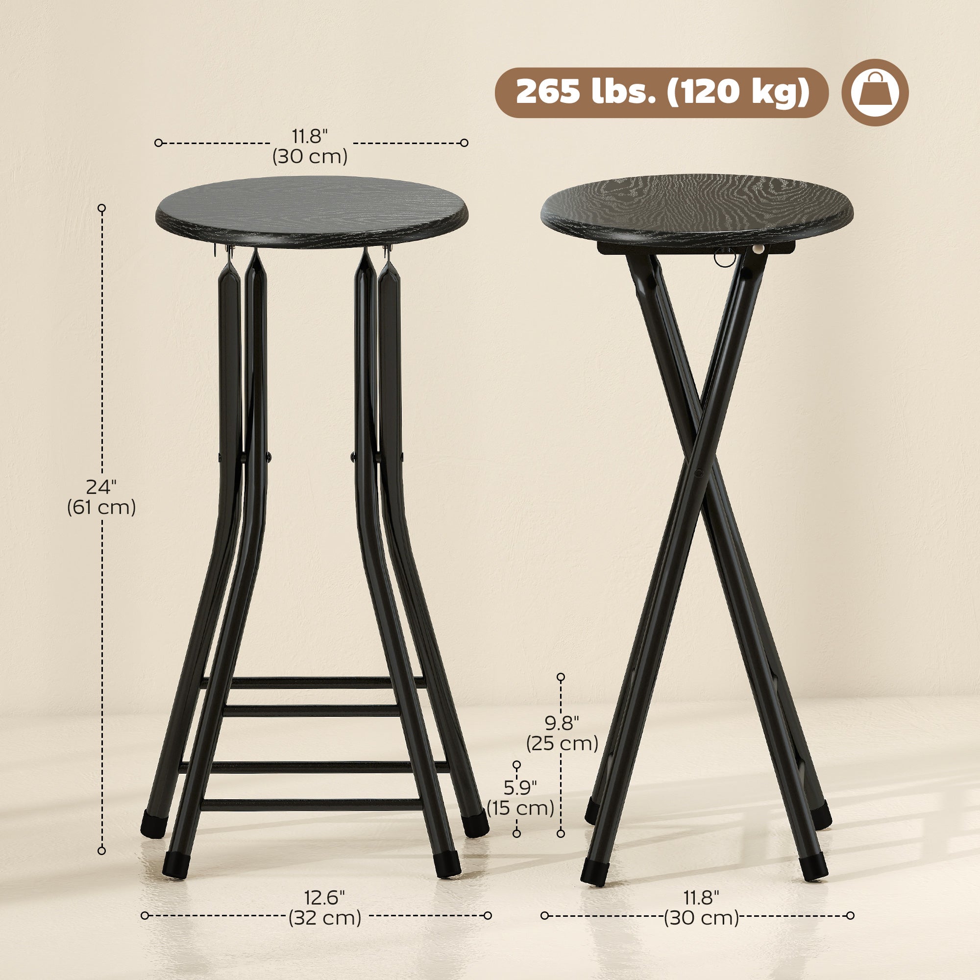 Foldable Bar Stools Set of 2, 24" Counter Height Round Bar Chairs with Double Footrest, Folding Barstools for Kitchen Island, Black