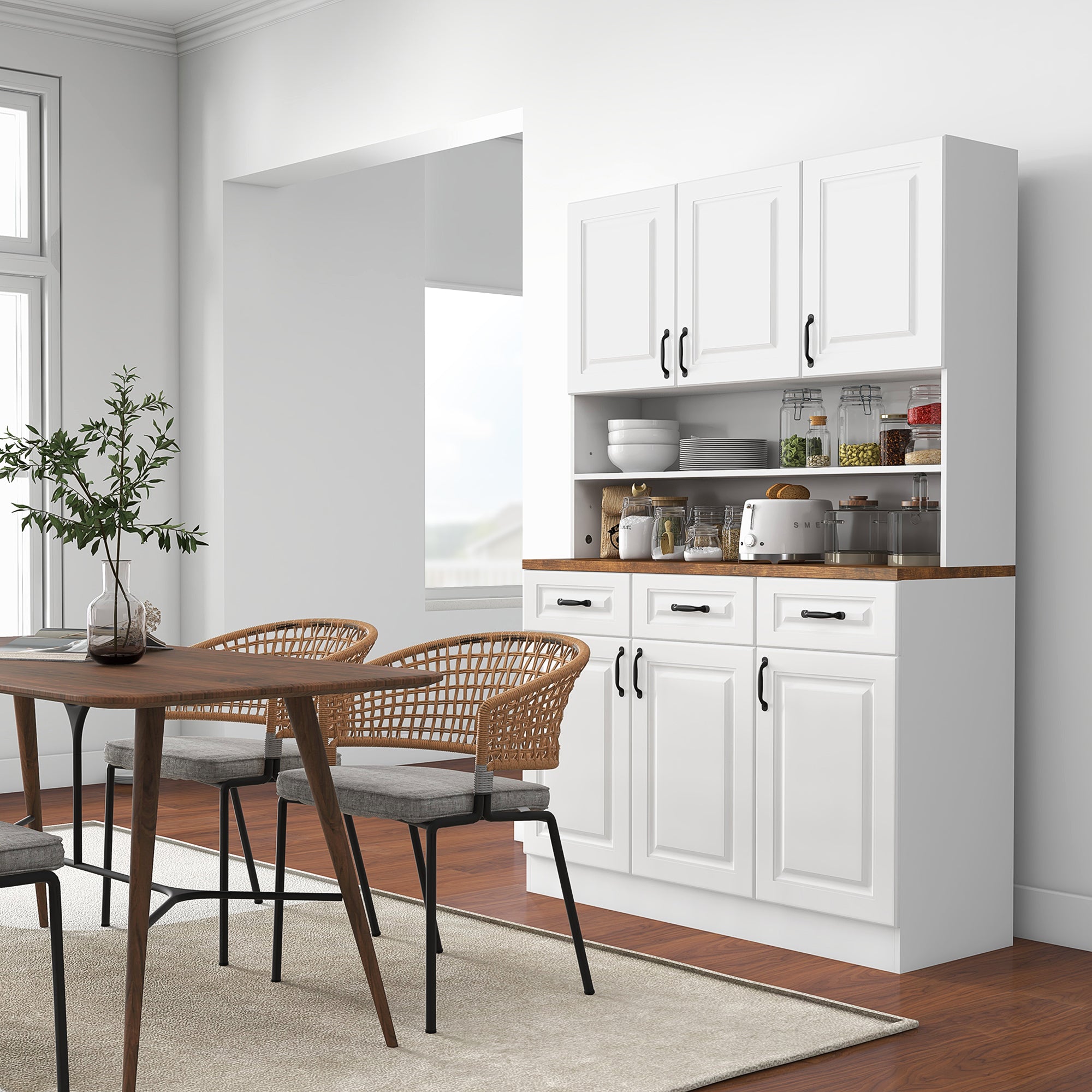 71" Freestanding Buffet with Hutch Farmhouse Storage Cabinet White