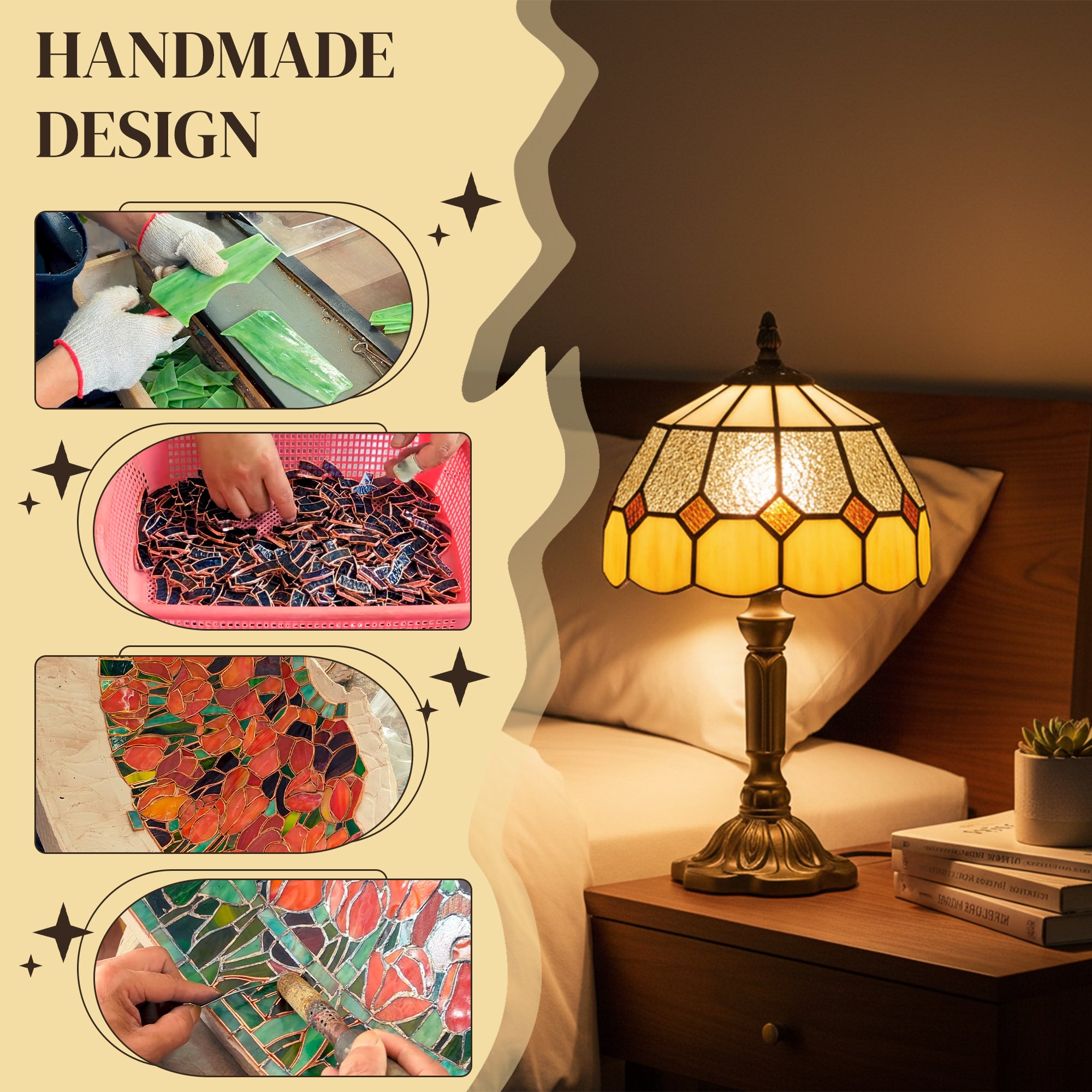Handmade Stained Glass Table Lamp, Tiffany-Style Bedside Lamp for Bedroom, Living room, Home, Nightstand, Decorative Night Light, Orange