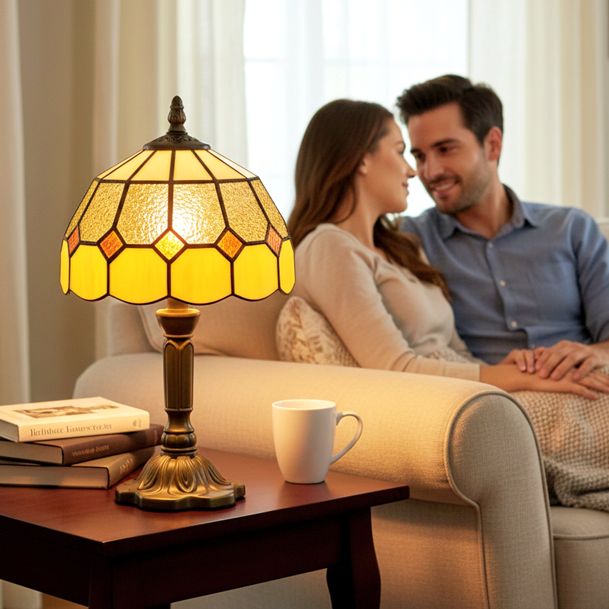 Handmade Stained Glass Table Lamp, Tiffany-Style Bedside Lamp for Bedroom, Living room, Home, Nightstand, Decorative Night Light, Orange