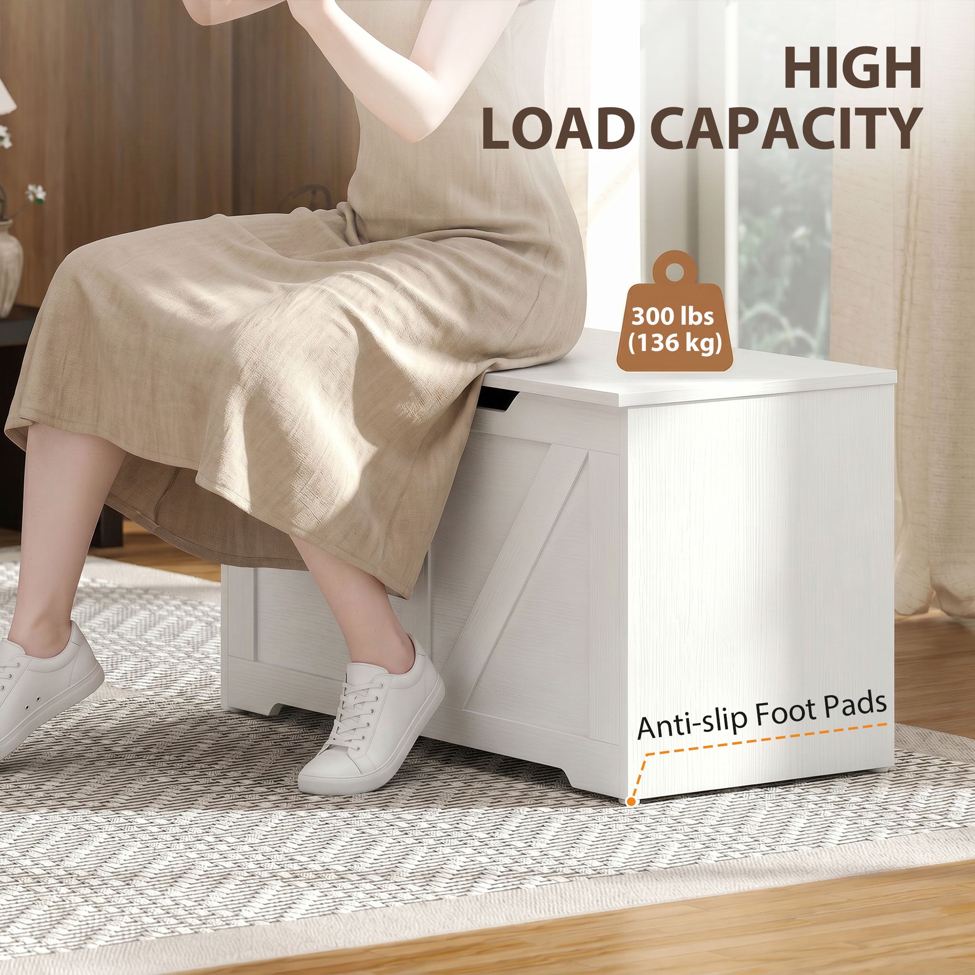 100L Storage Chest, Shoe Storage Trunk Bench Box with Safety Hinge and U-shaped Cut-out Pull, Blanket Box Ottoman for Bedroom, Living Room, Entryway, 80 x 40 x 45 cm, White Wood-Effect