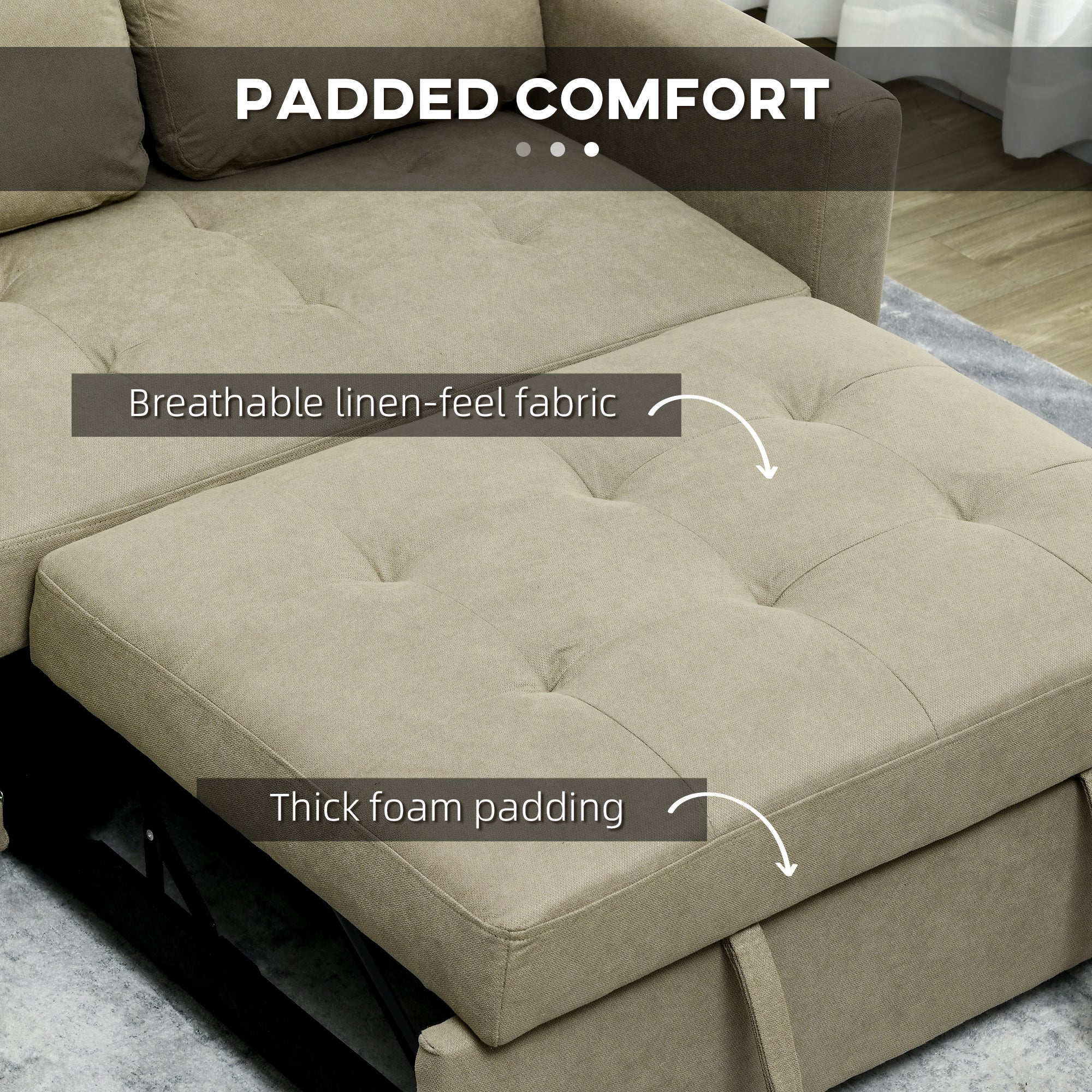 HOMCOM 2 Seater Sofa Bed, Convertible Bed Settee, Modern Fabric Loveseat Sofa Couch with 2 Cushions, Side Pockets for Living Room, Guest Room, Light Brown