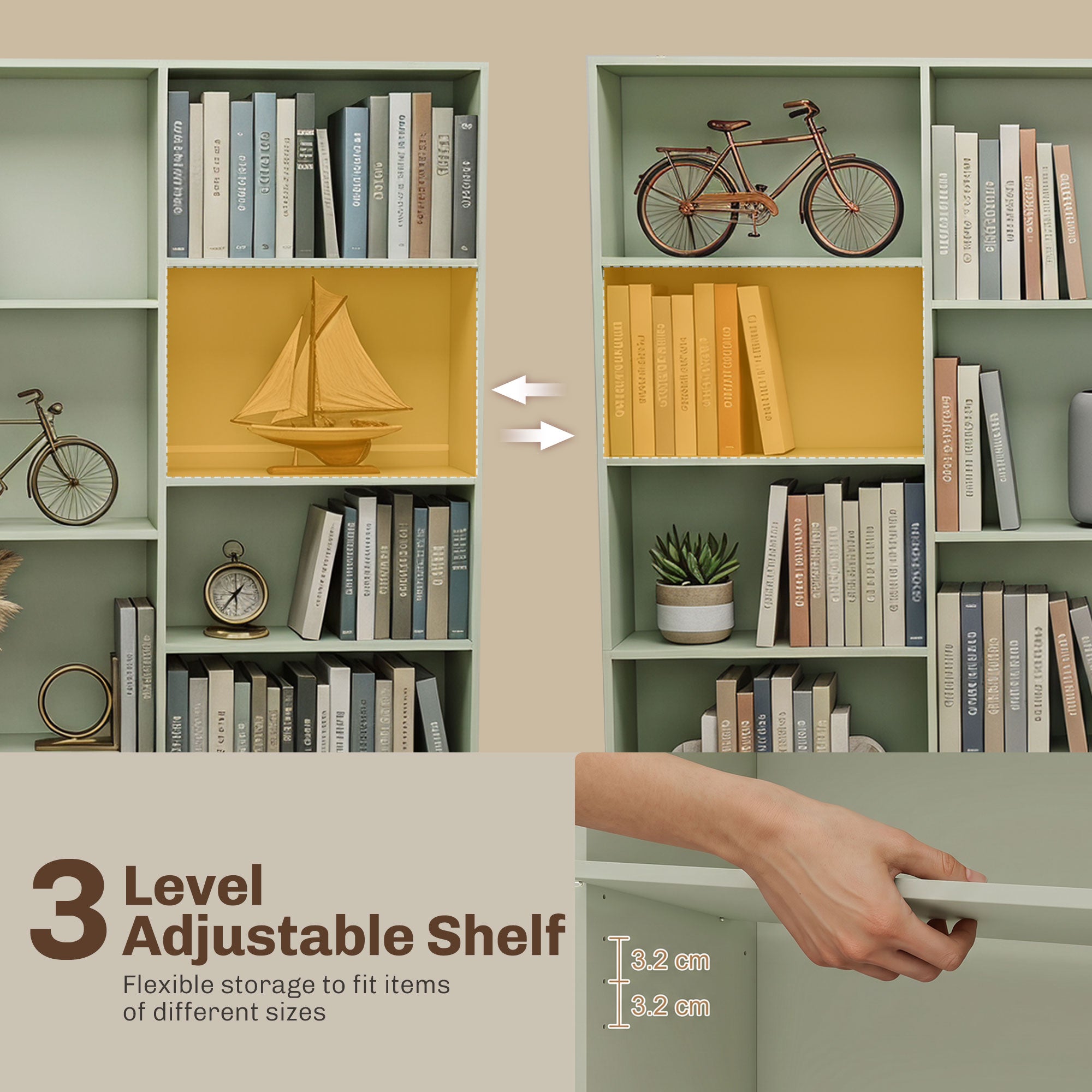 Bookcase with 17 Compartments, 6-Tier Tall Bookshelf with 17 Cubes, Adjustable Shelves, Freestanding Shelving Unit Display Shelf for Home Office, Living Room, 149 x 23.6 x 188 cm, Light Green