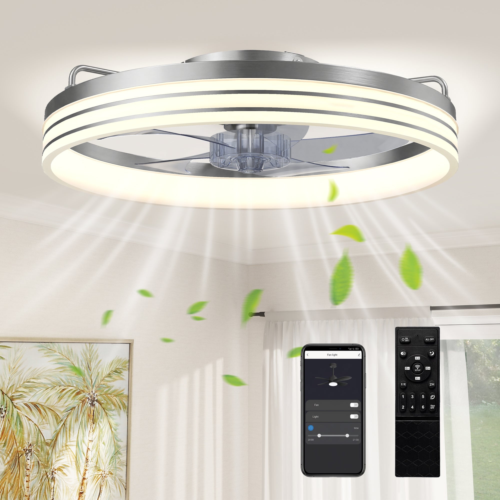 Ceiling Fans with Lights and Remote & App Control, 50 cm Modern LED Ceiling Fan Light with 3 Colour Temperatures, 6 Speed, Timer, Dimmable, Quiet Reversible DC Motor, for Bedroom, Silver Tone