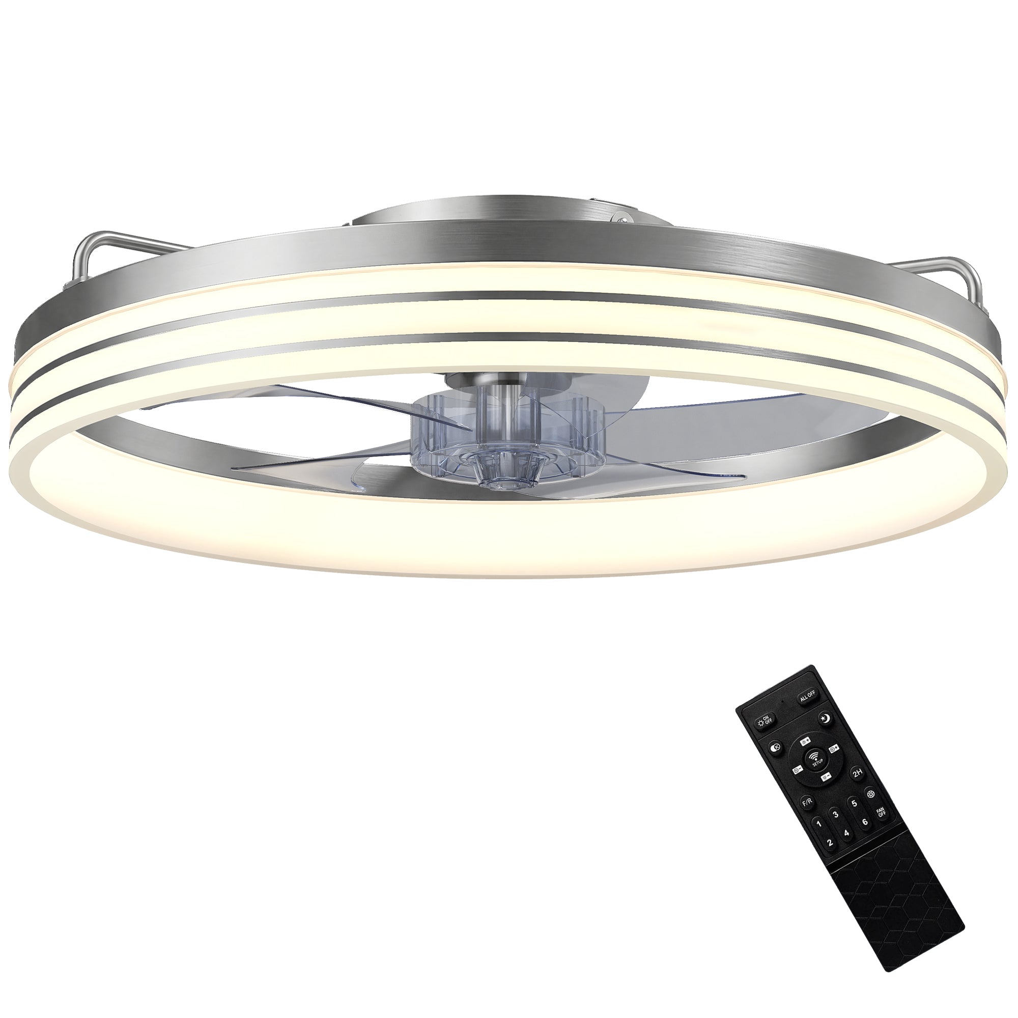 Ceiling Fans with Lights and Remote & App Control, 50 cm Modern LED Ceiling Fan Light with 3 Colour Temperatures, 6 Speed, Timer, Dimmable, Quiet Reversible DC Motor, for Bedroom, Silver Tone