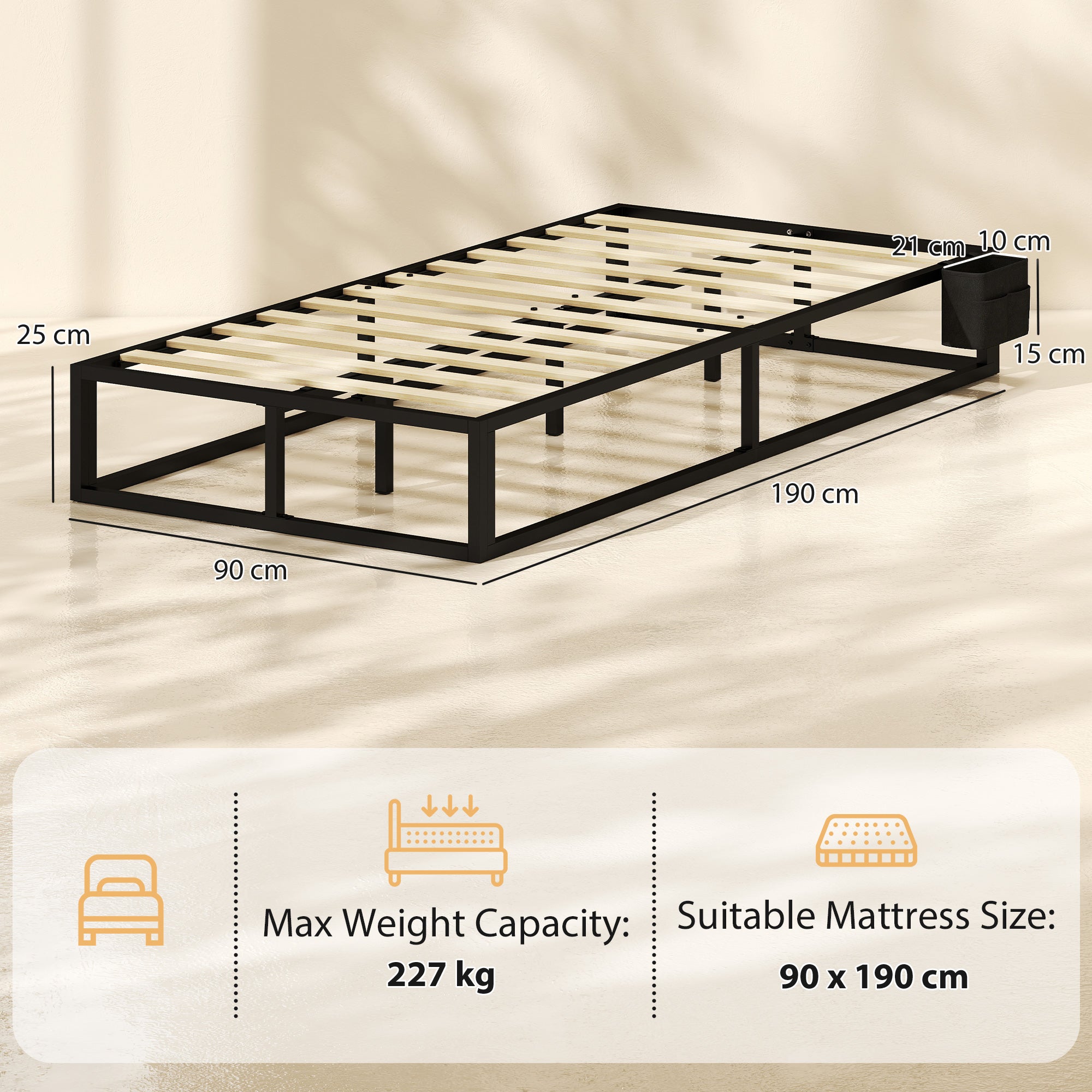 3ft Single Bed Frame with Storage Bag, 12 Slats Metal Platform Bed Frame, Mattress Foundation, Noise-Reducing centre Bar and Anti-Slip Pads, Wood Slat Support, Strong Support, Black