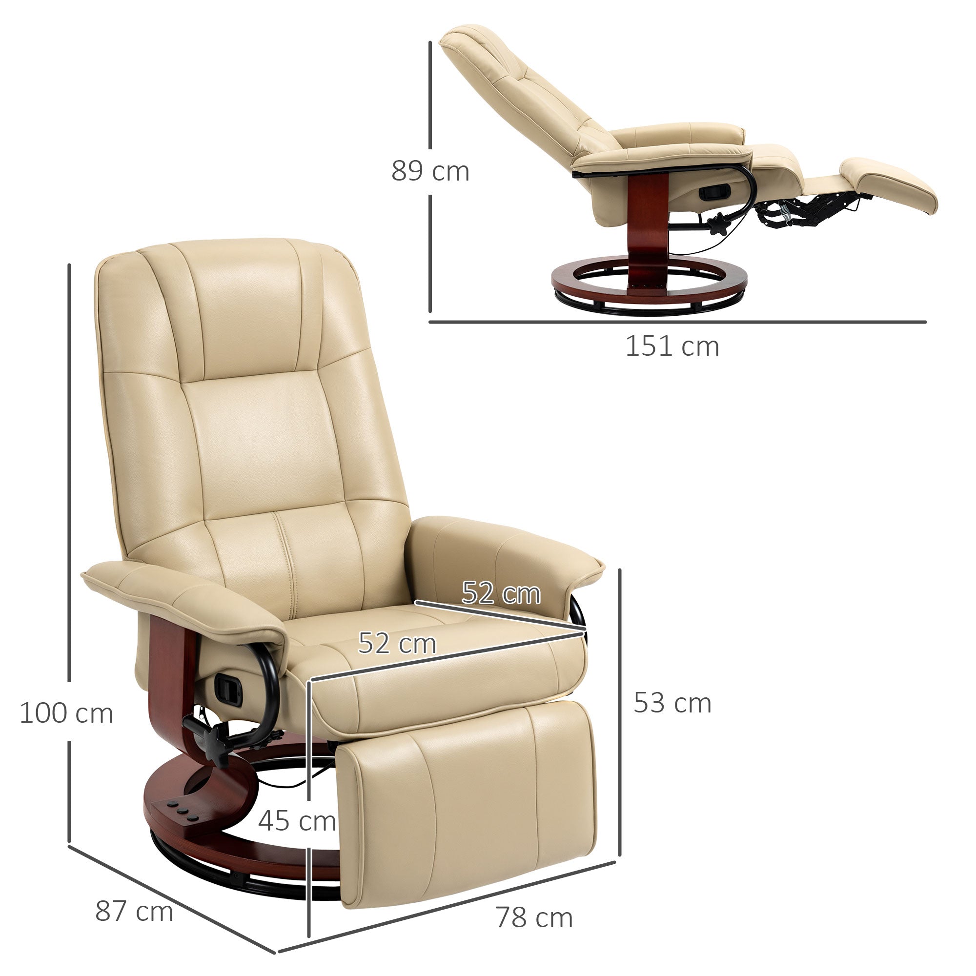HOMCOM Manual Recliner Chair Armchair Sofa with Faux Leather Upholstered Wooden Base for Living Room Bedroom, Cream White