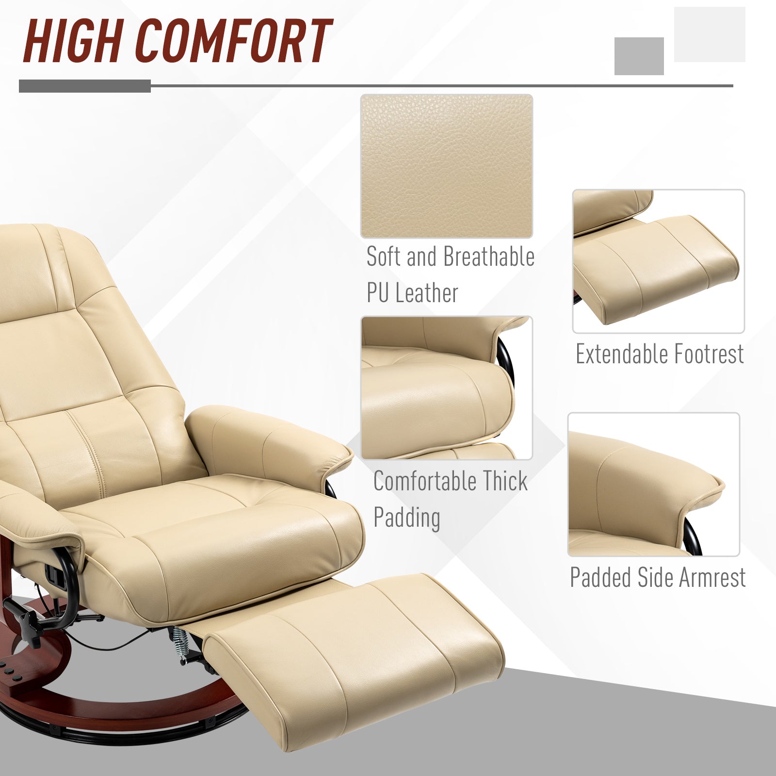 HOMCOM Manual Recliner Chair Armchair Sofa with Faux Leather Upholstered Wooden Base for Living Room Bedroom, Cream White