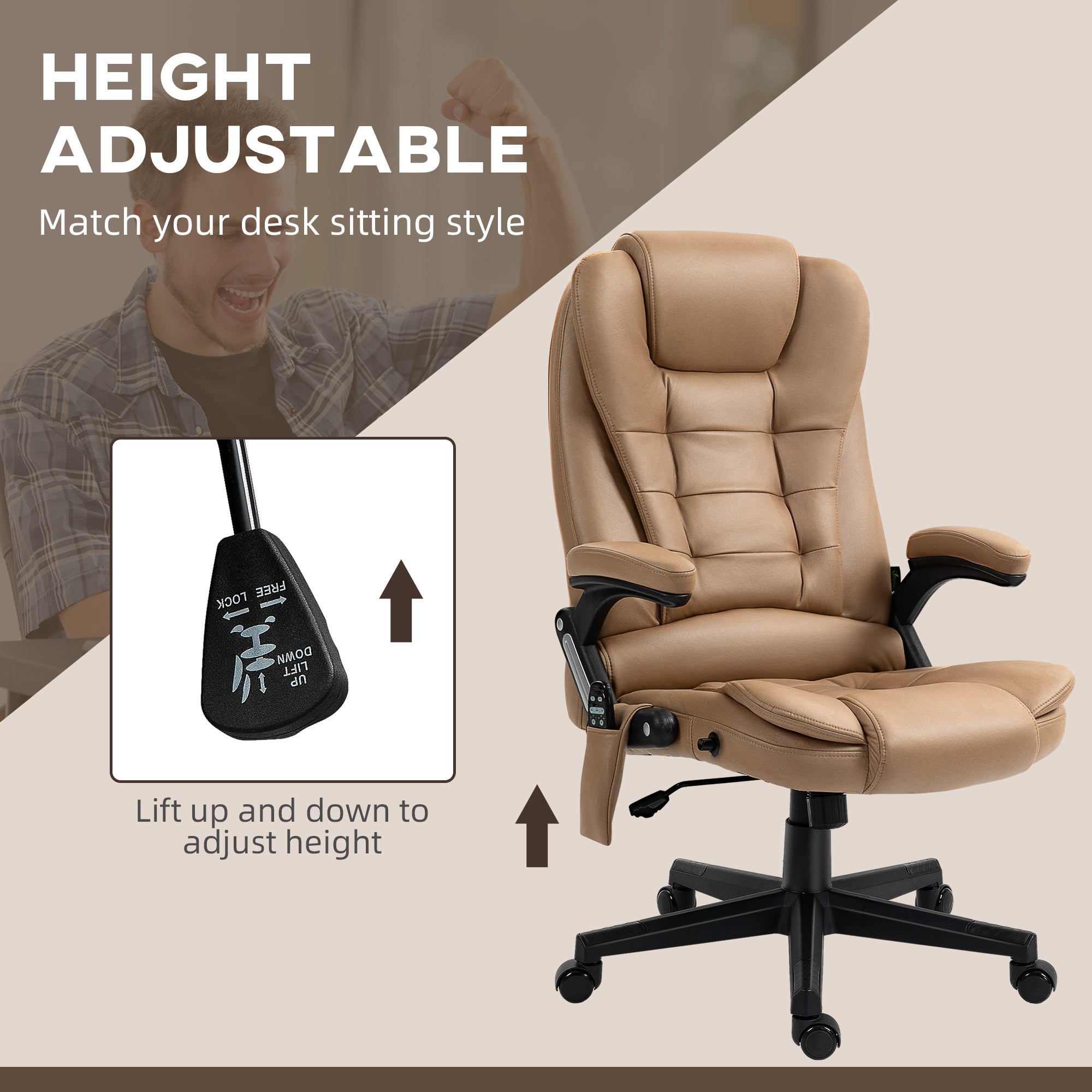 6 Points Heated Massage Office Chair, Microfiber High Back Executive Office Chair, Light Brown