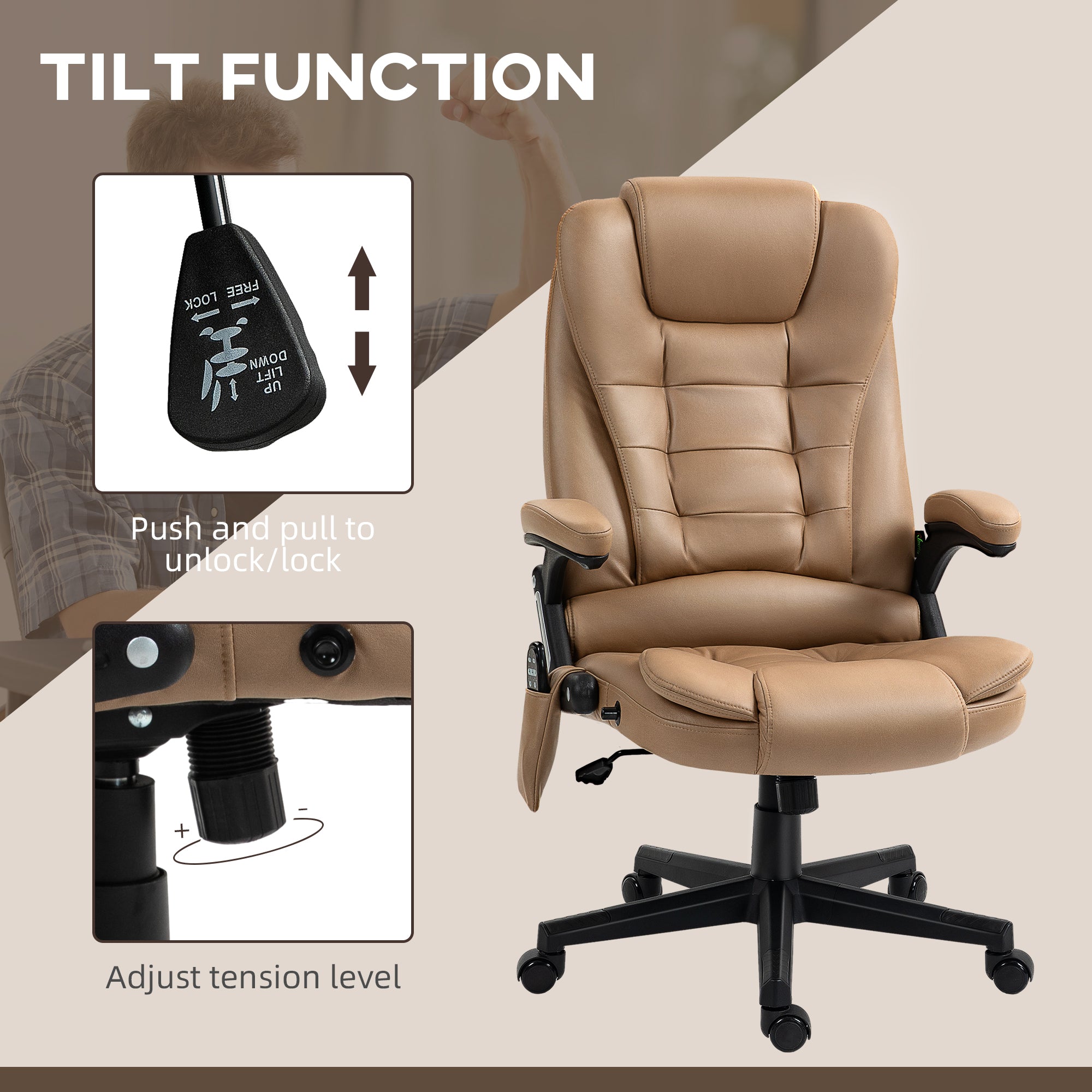 6 Points Heated Massage Office Chair, Microfiber High Back Executive Office Chair, Light Brown