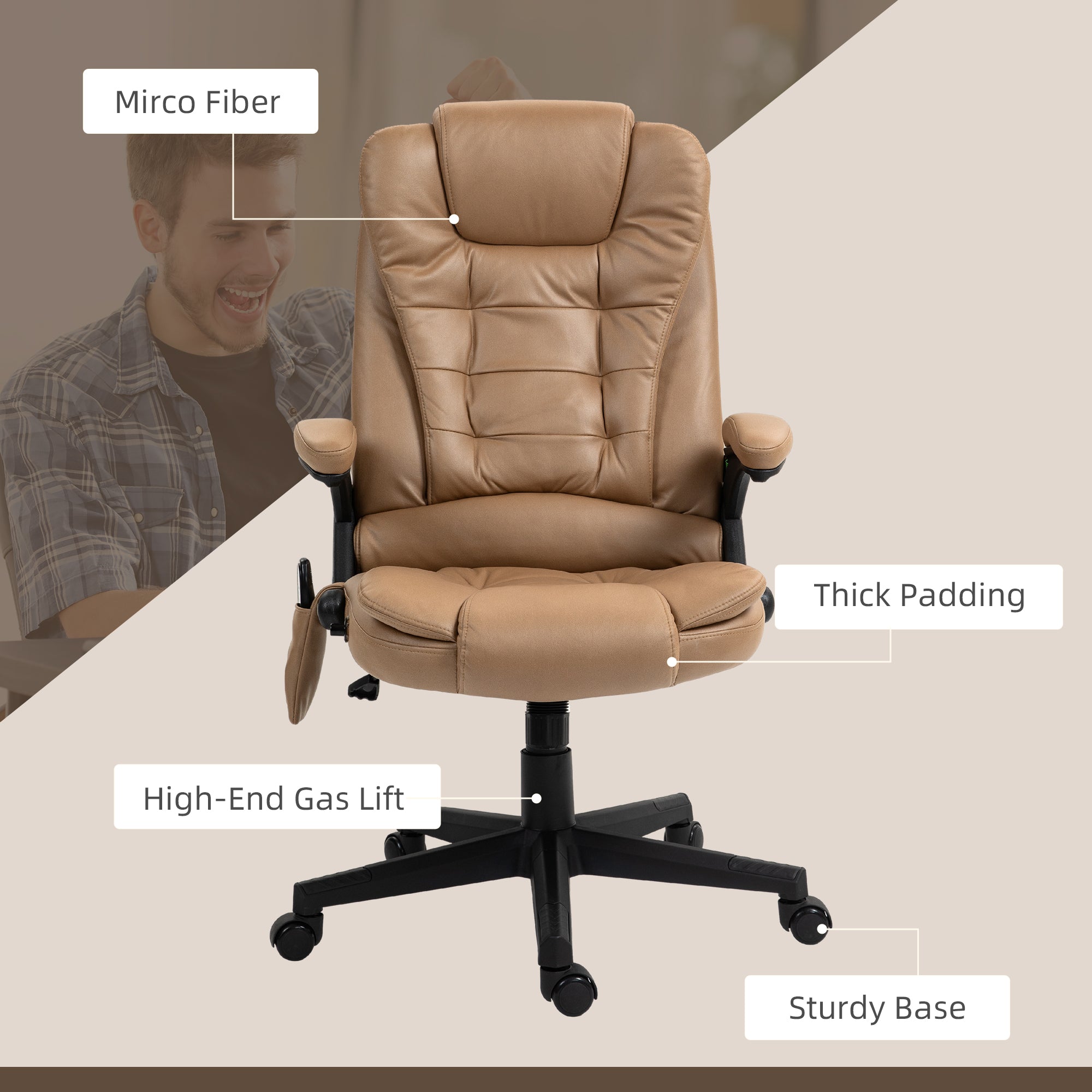 6 Points Heated Massage Office Chair, Microfiber High Back Executive Office Chair, Light Brown