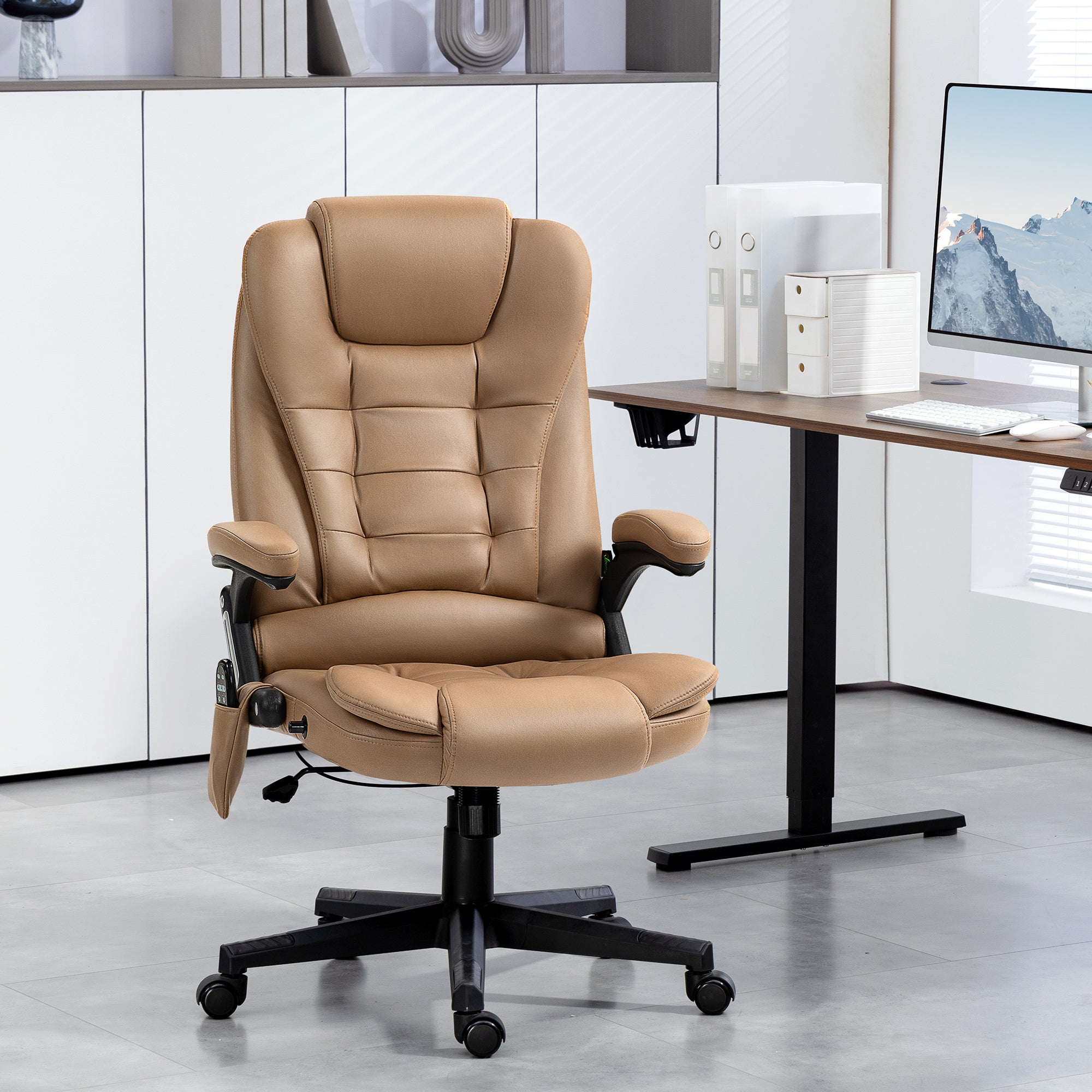 6 Points Heated Massage Office Chair, Microfiber High Back Executive Office Chair, Light Brown