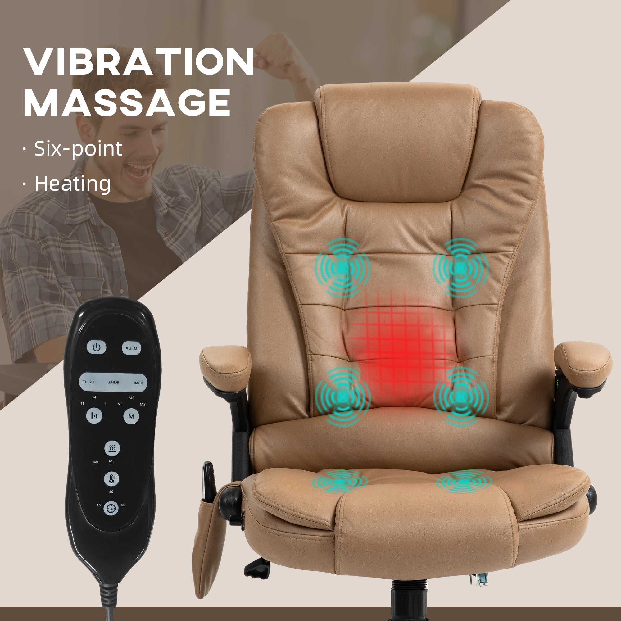 6 Points Heated Massage Office Chair, Microfiber High Back Executive Office Chair, Light Brown