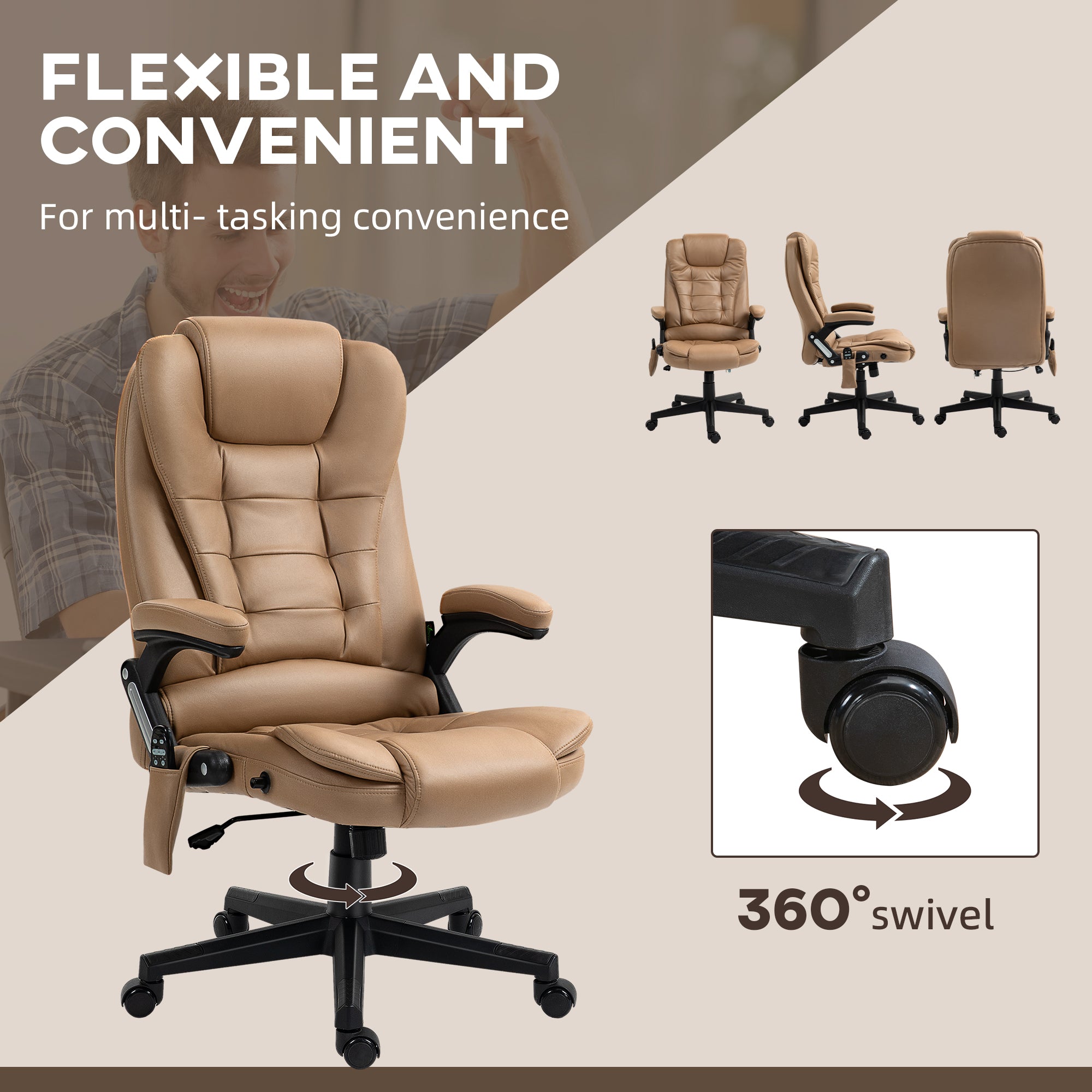 6 Points Heated Massage Office Chair, Microfiber High Back Executive Office Chair, Light Brown