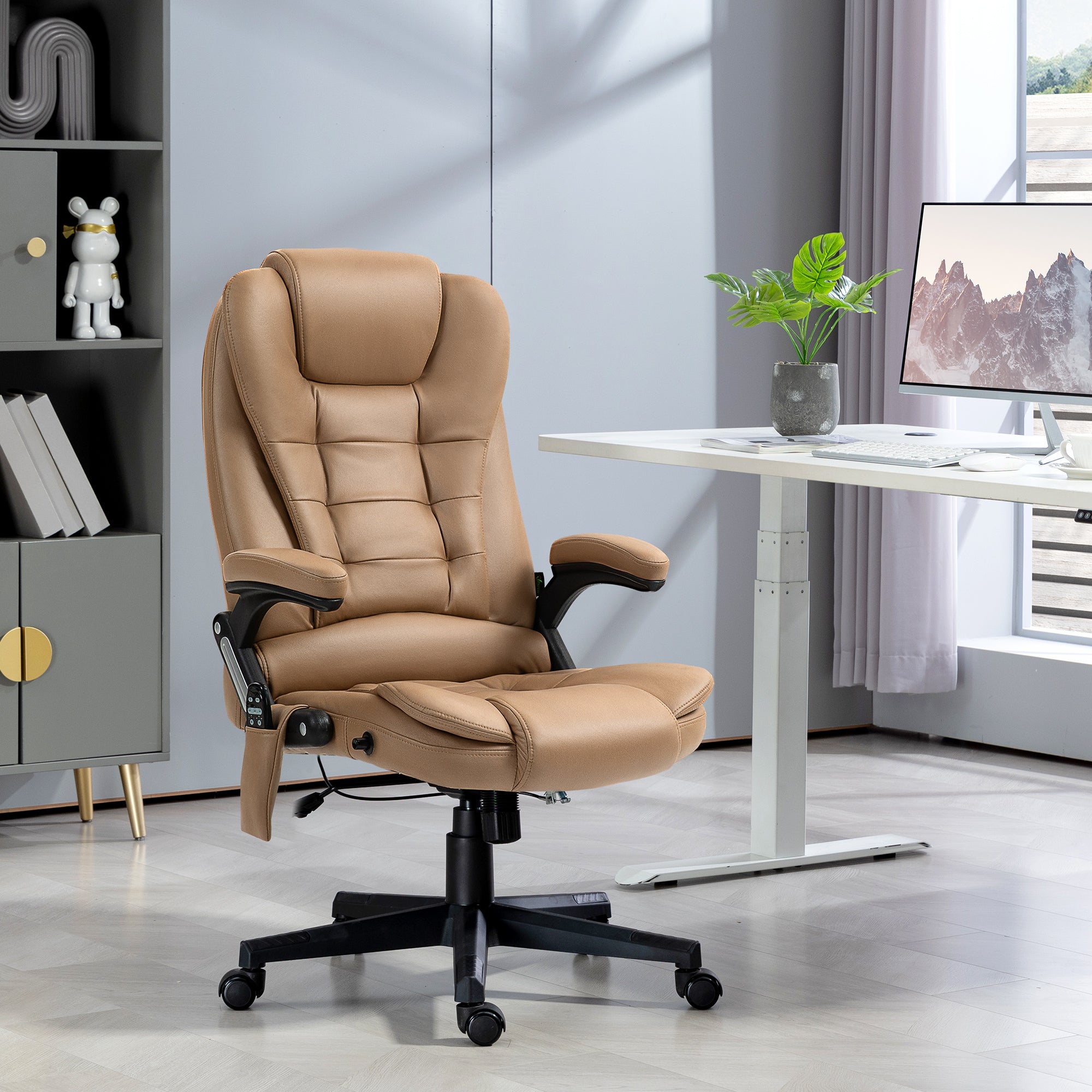 6 Points Heated Massage Office Chair, Microfiber High Back Executive Office Chair, Light Brown