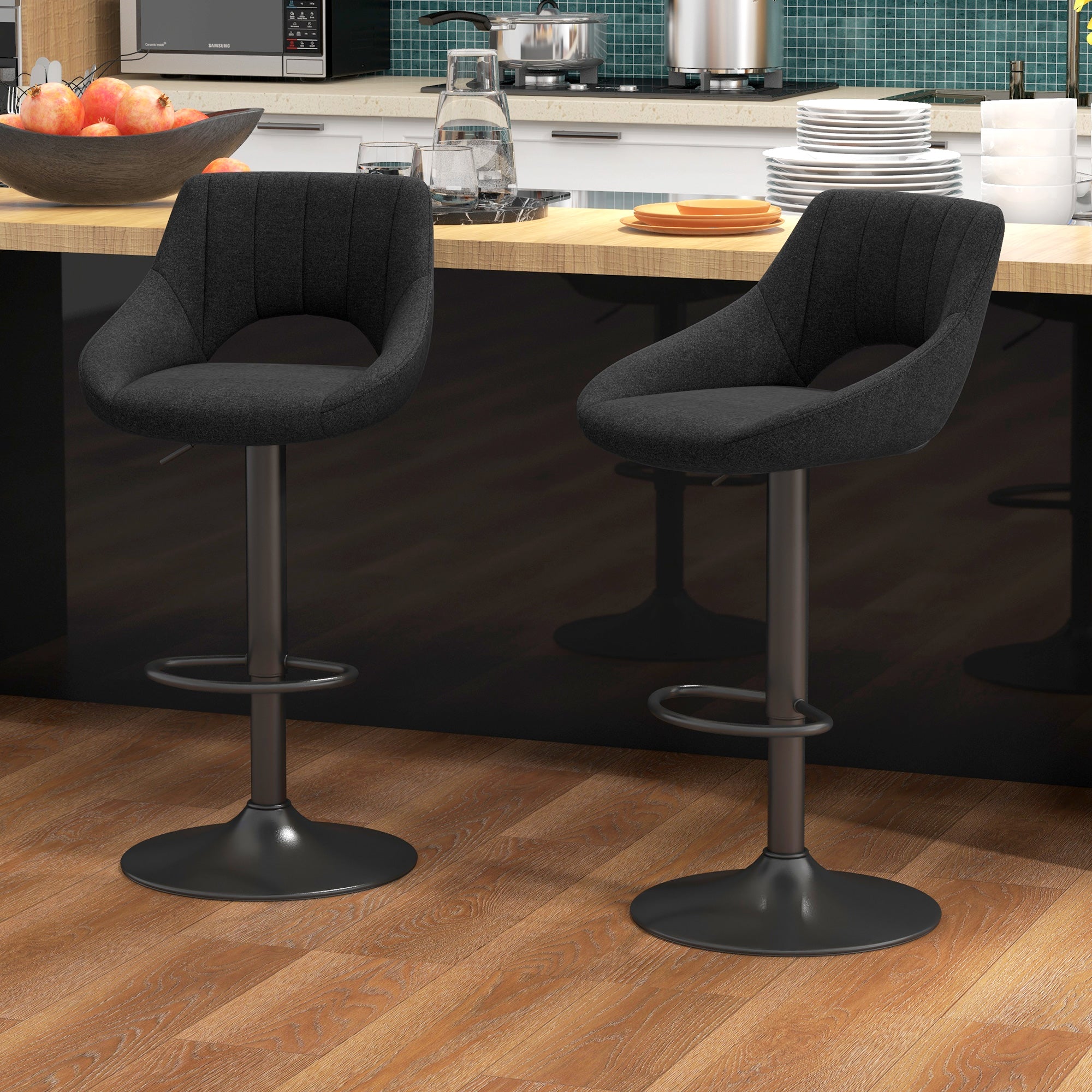 HOMCOM Bar Stools Set of 2, Swivel Counter Height Barstools with Adjustable Height, Linen Upholstered Bar Chairs with Round Metal Base and Footrest, Black