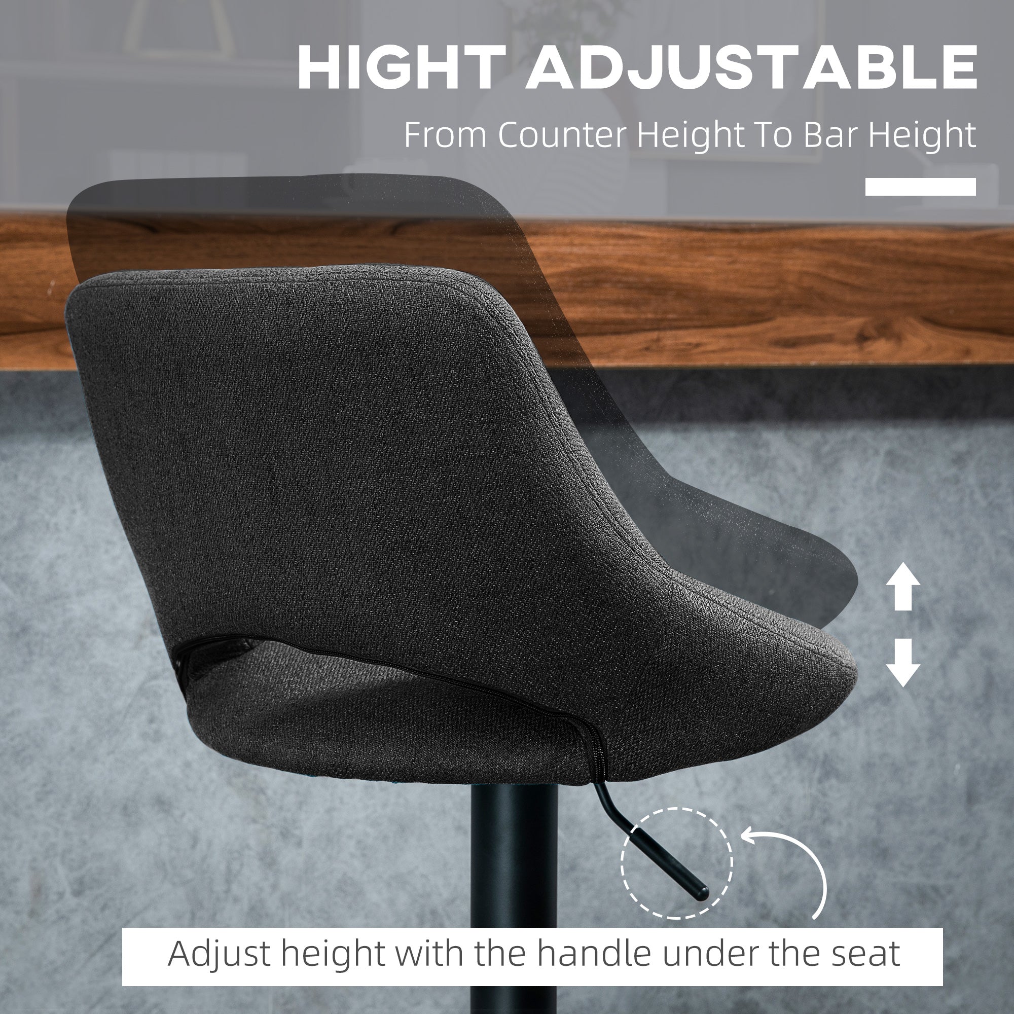 HOMCOM Bar Stools Set of 2, Swivel Counter Height Barstools with Adjustable Height, Linen Upholstered Bar Chairs with Round Metal Base and Footrest, Black