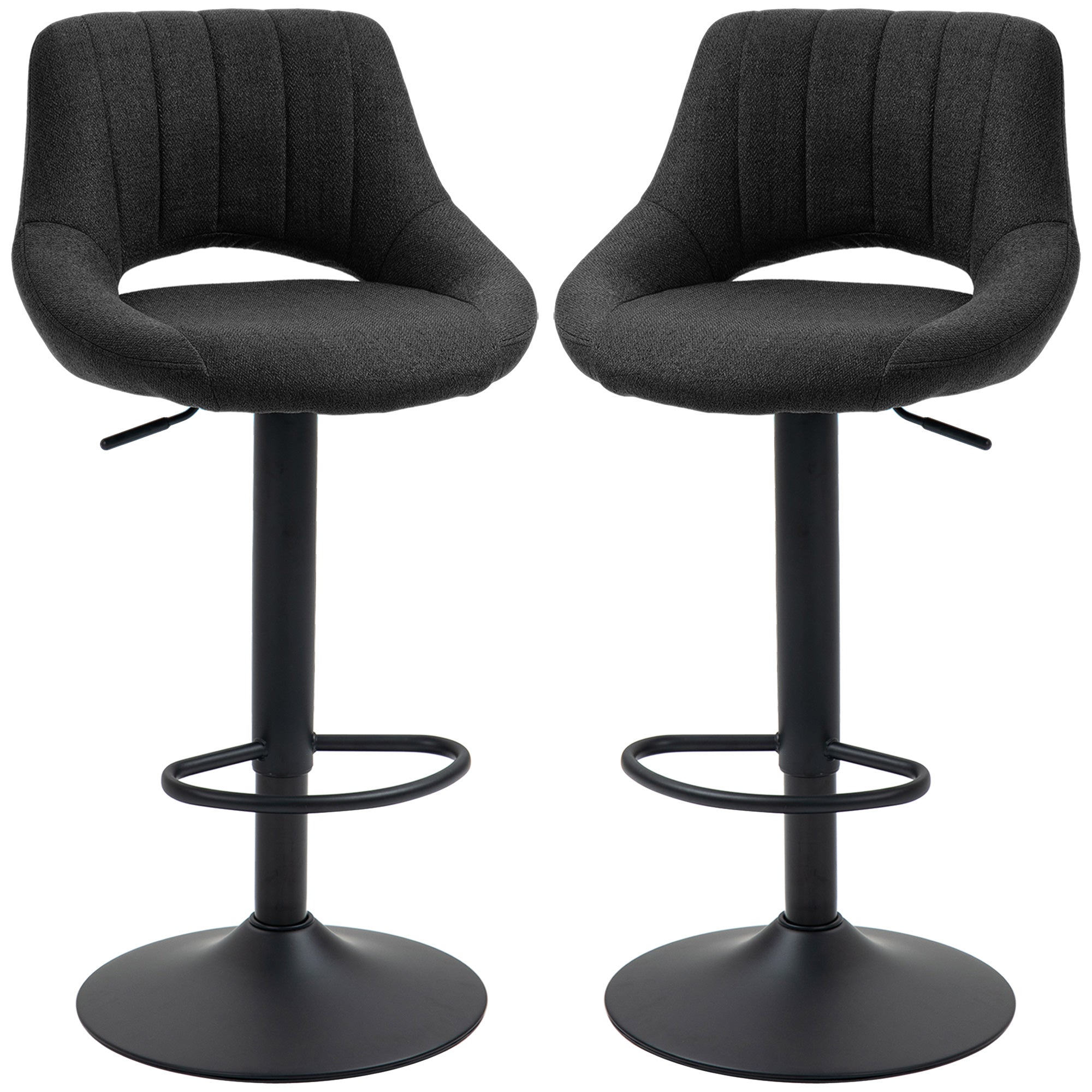 HOMCOM Bar Stools Set of 2, Swivel Counter Height Barstools with Adjustable Height, Linen Upholstered Bar Chairs with Round Metal Base and Footrest, Black