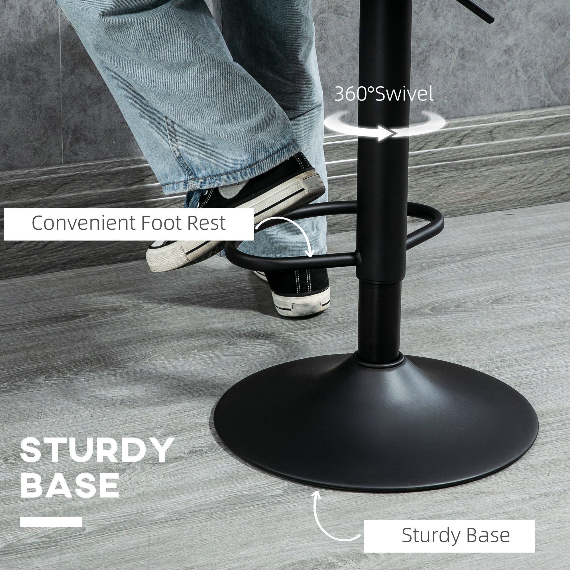 HOMCOM Bar Stools Set of 2, Swivel Counter Height Barstools with Adjustable Height, Linen Upholstered Bar Chairs with Round Metal Base and Footrest, Black