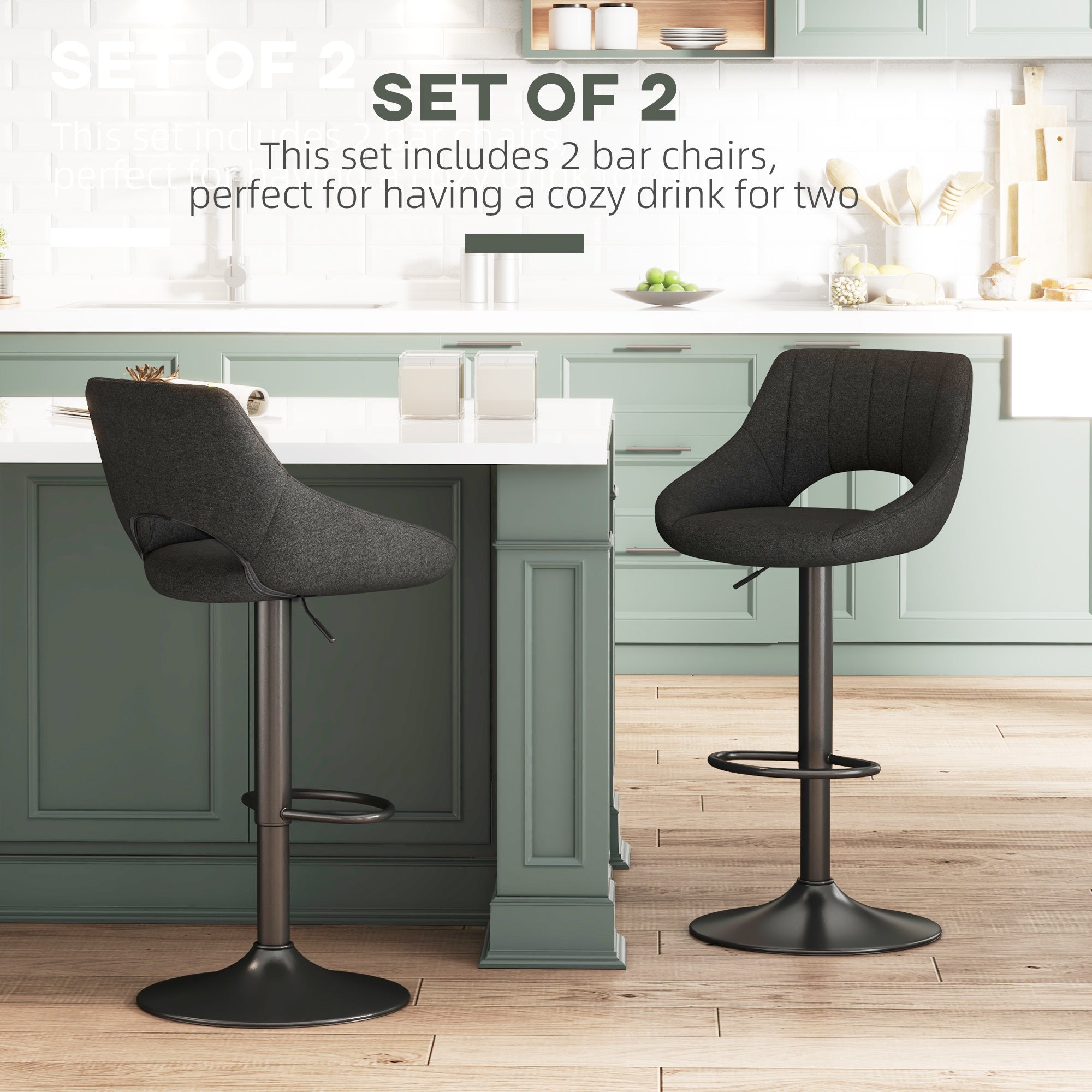 HOMCOM Bar Stools Set of 2, Swivel Counter Height Barstools with Adjustable Height, Linen Upholstered Bar Chairs with Round Metal Base and Footrest, Black