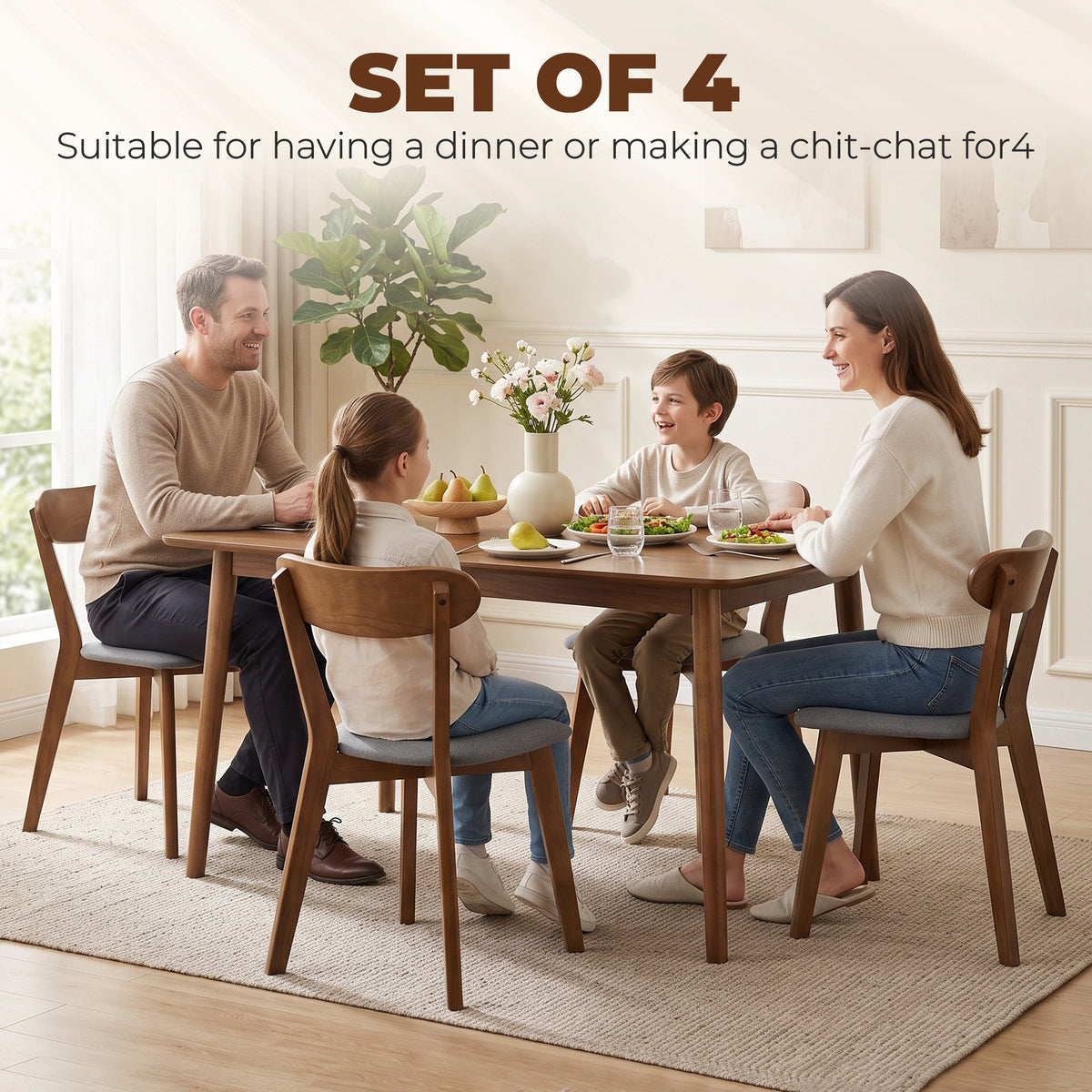 Dining Chairs Set of 4, Mid-Century Modern Upholstered Kitchen Chairs with Rubberwood Legs, Curved Backrest, Cushioned Seat for Dining Room, Living Room, Grey and Brown
