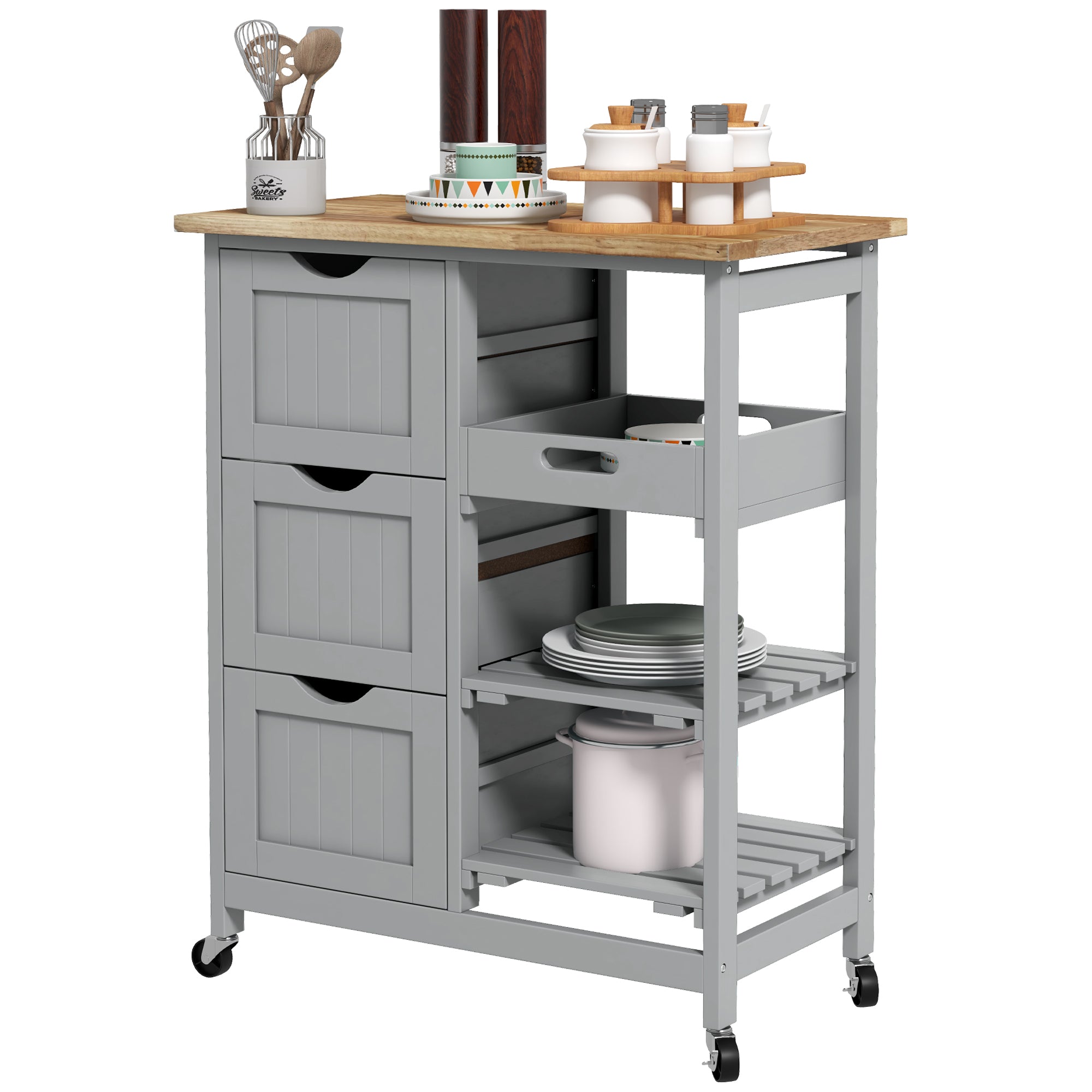 Rolling Kitchen Island Cart, Bar Serving Cart, Compact Trolley on Wheels with Wood Top, Shelves & Drawers for Home Dining Area, Grey