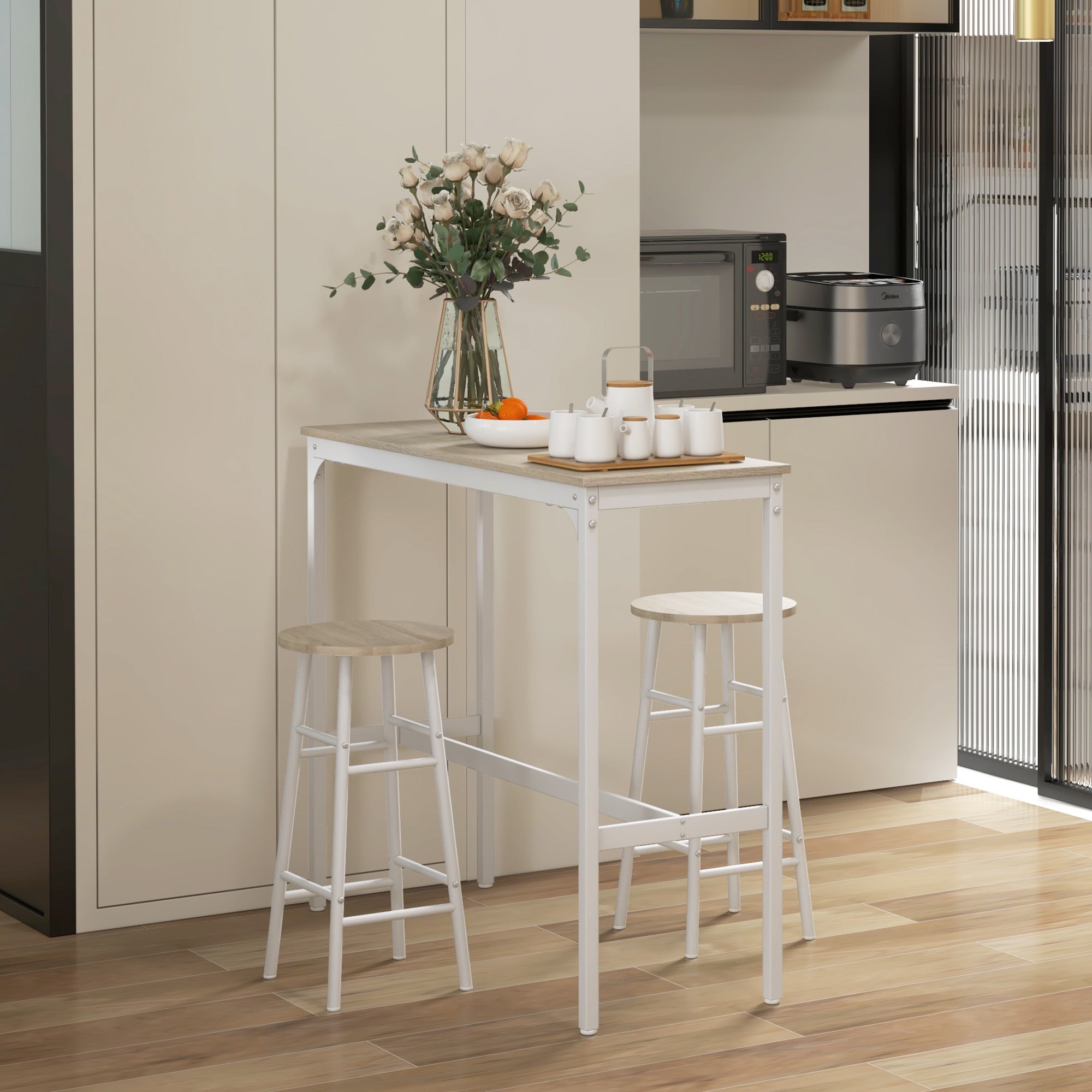 3 Piece Bar Table Set with 2 Stools, Industrial Bar Table and Stool Set, Dining Table and Chair Set for Small Space, Oak