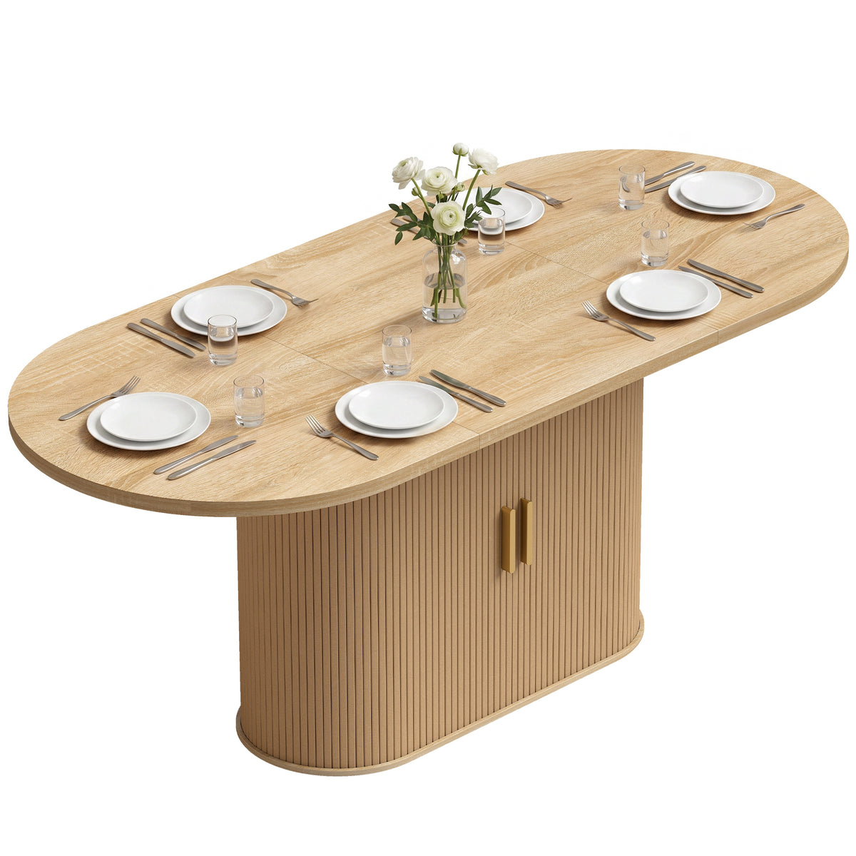 Oval Dining Table for 6 People, Modern Farmhouse Kitchen Table with Thick Tabletop, Under Cabinets and Tambour Sliding Doors for Kitchen, Dining Room, Living Room, Oak